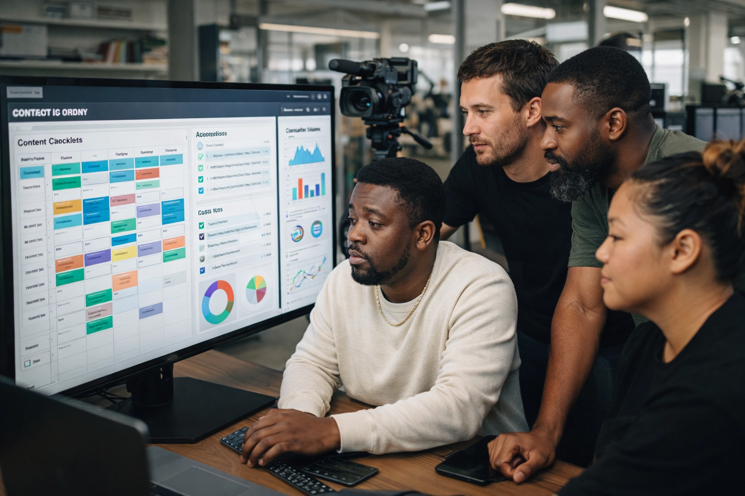 Small business owner and small video team reviewing a batch content plan on a monitor in a modern studio office, hyper-realistic