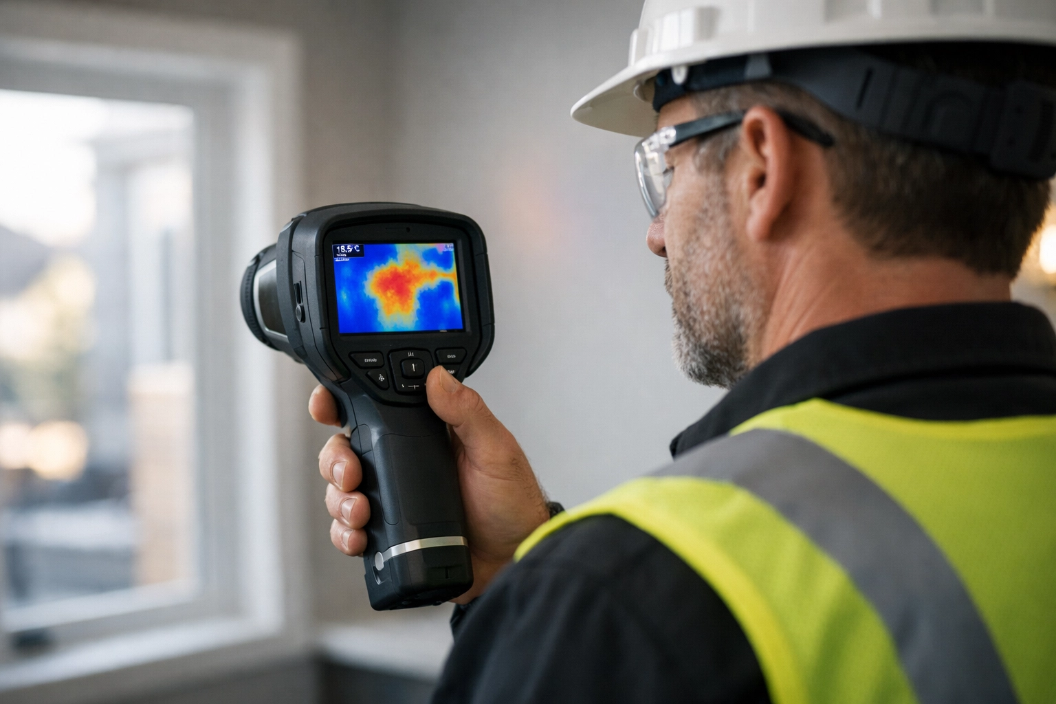 Certified home inspector using thermal imaging camera to detect hidden moisture in Edmonton home