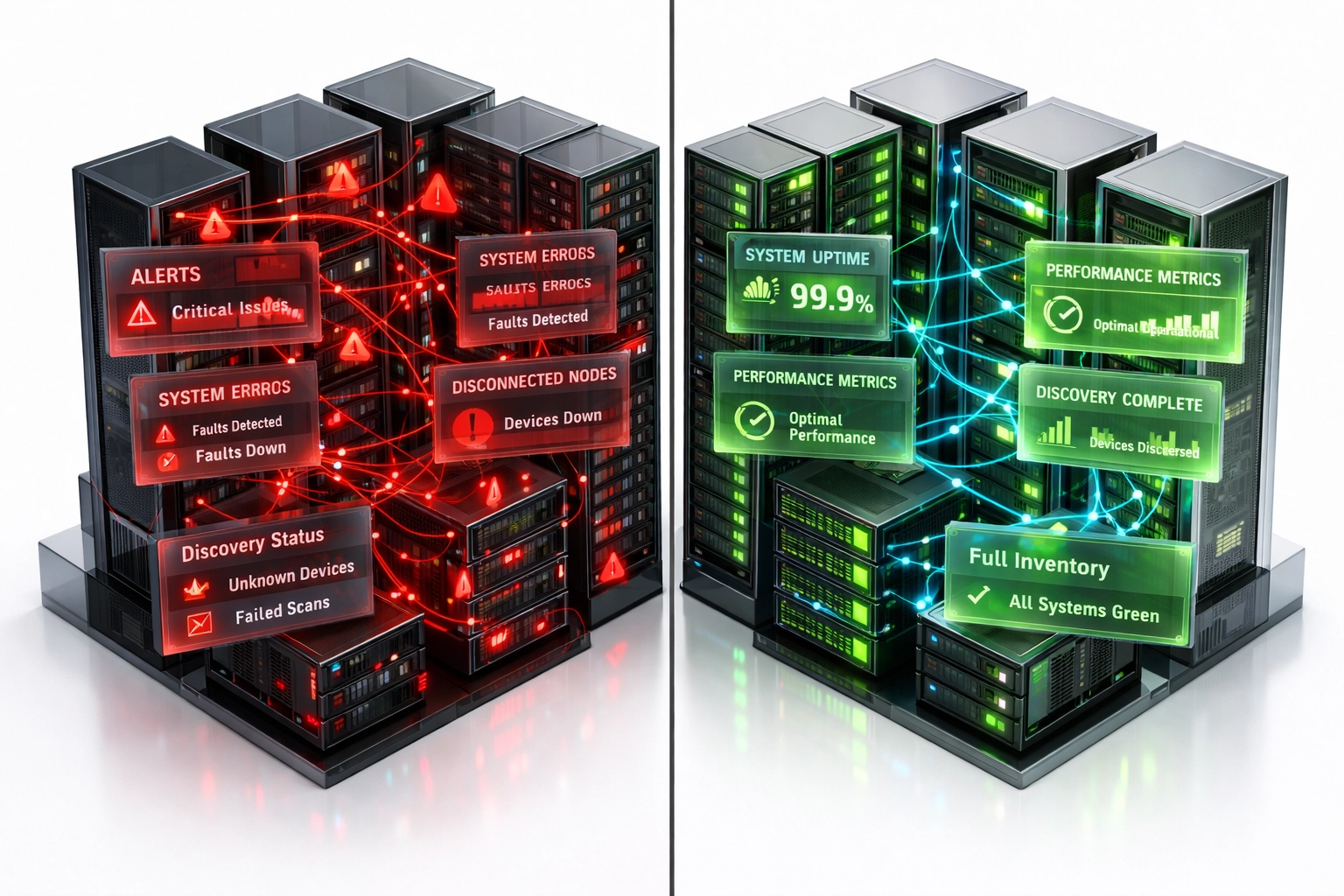 ServiceNow ITOM infrastructure comparison showing optimized vs. poorly configured server discovery
