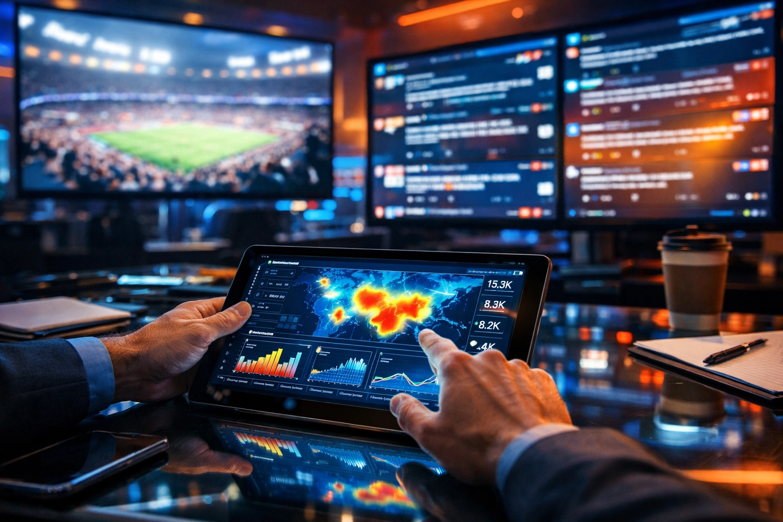 Sports marketing professional tracking high-performance NIL data during a Super Bowl brand activation.