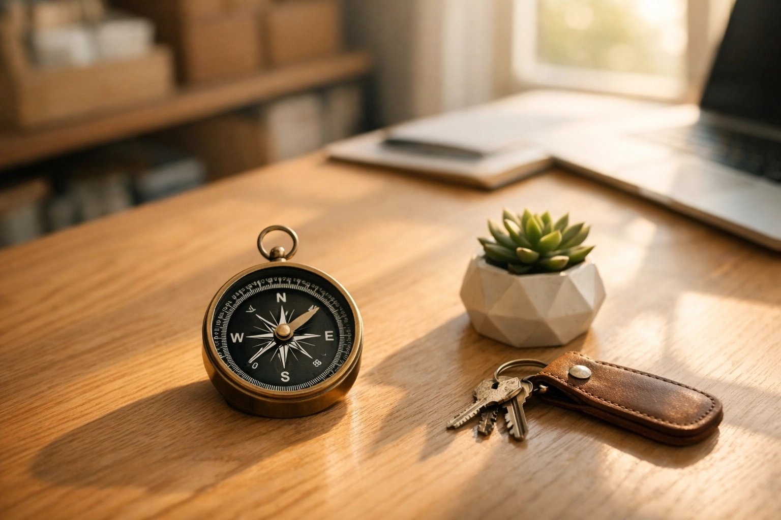 A minimalist small business workspace with a compass, representing legal guidance and business foundations.