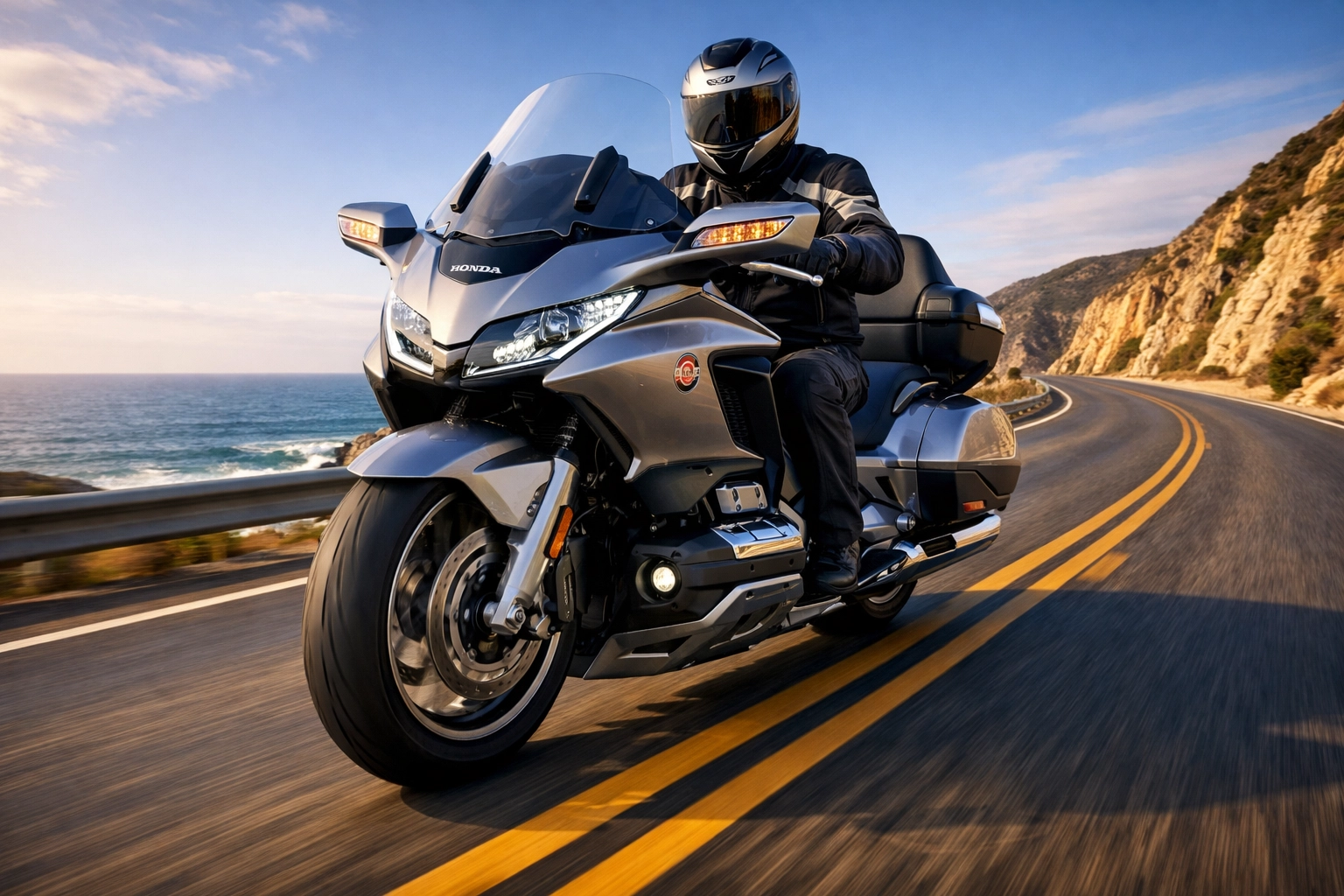 Honda Goldwing motorcycle rider practicing safe touring on a scenic coastal road.