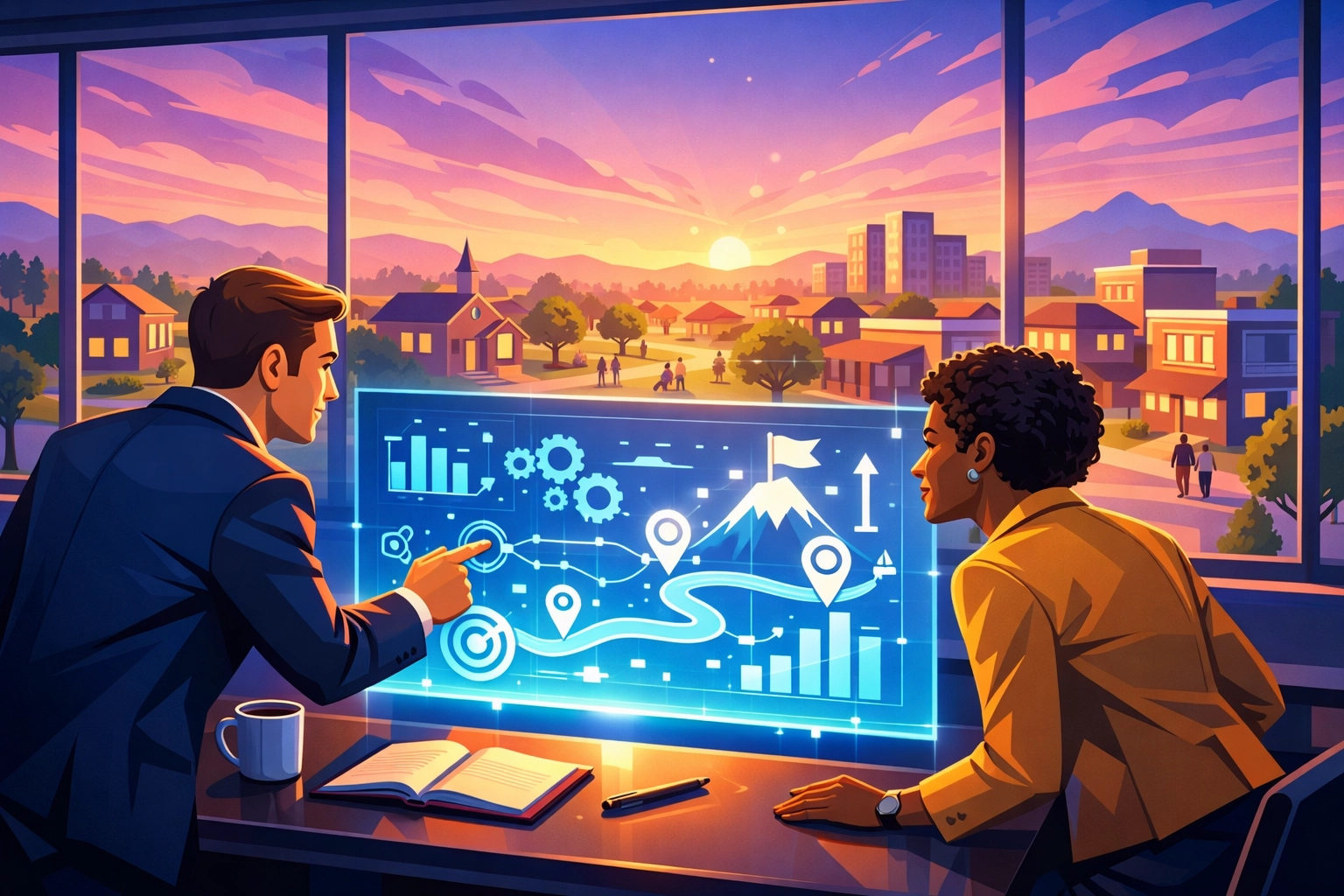 Business consultant and client reviewing a strategic roadmap for long-term community legacy.