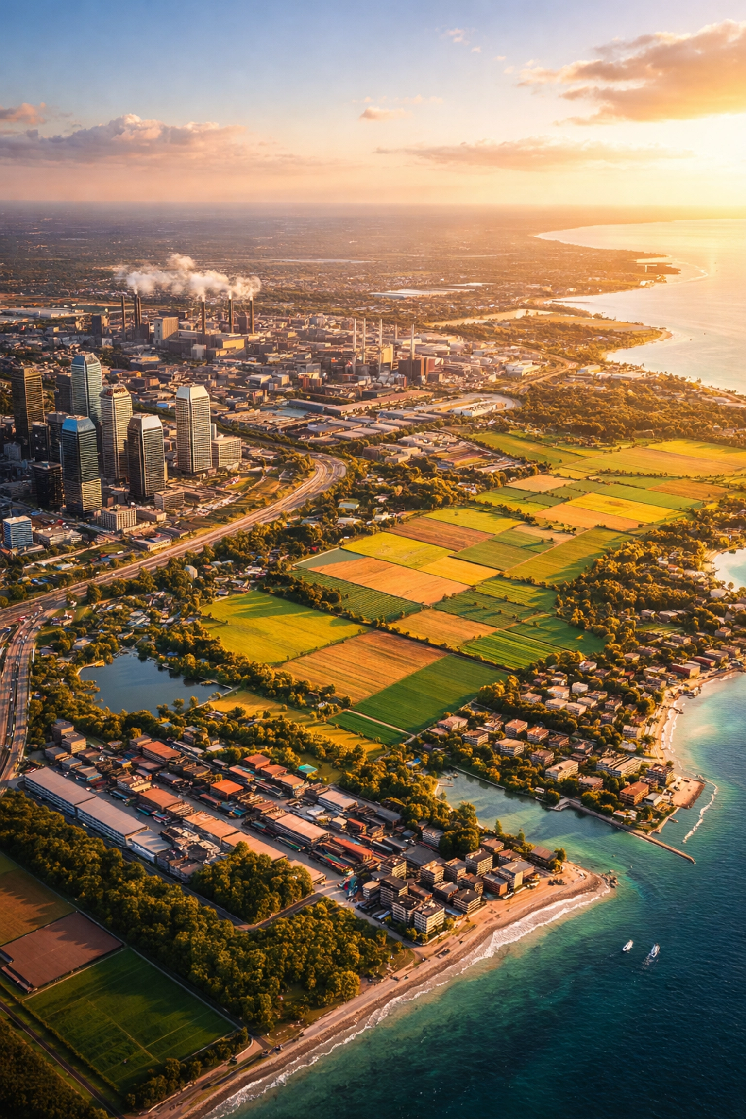 Aerial view of diverse economic sectors illustrating private equity sector diversification strategy