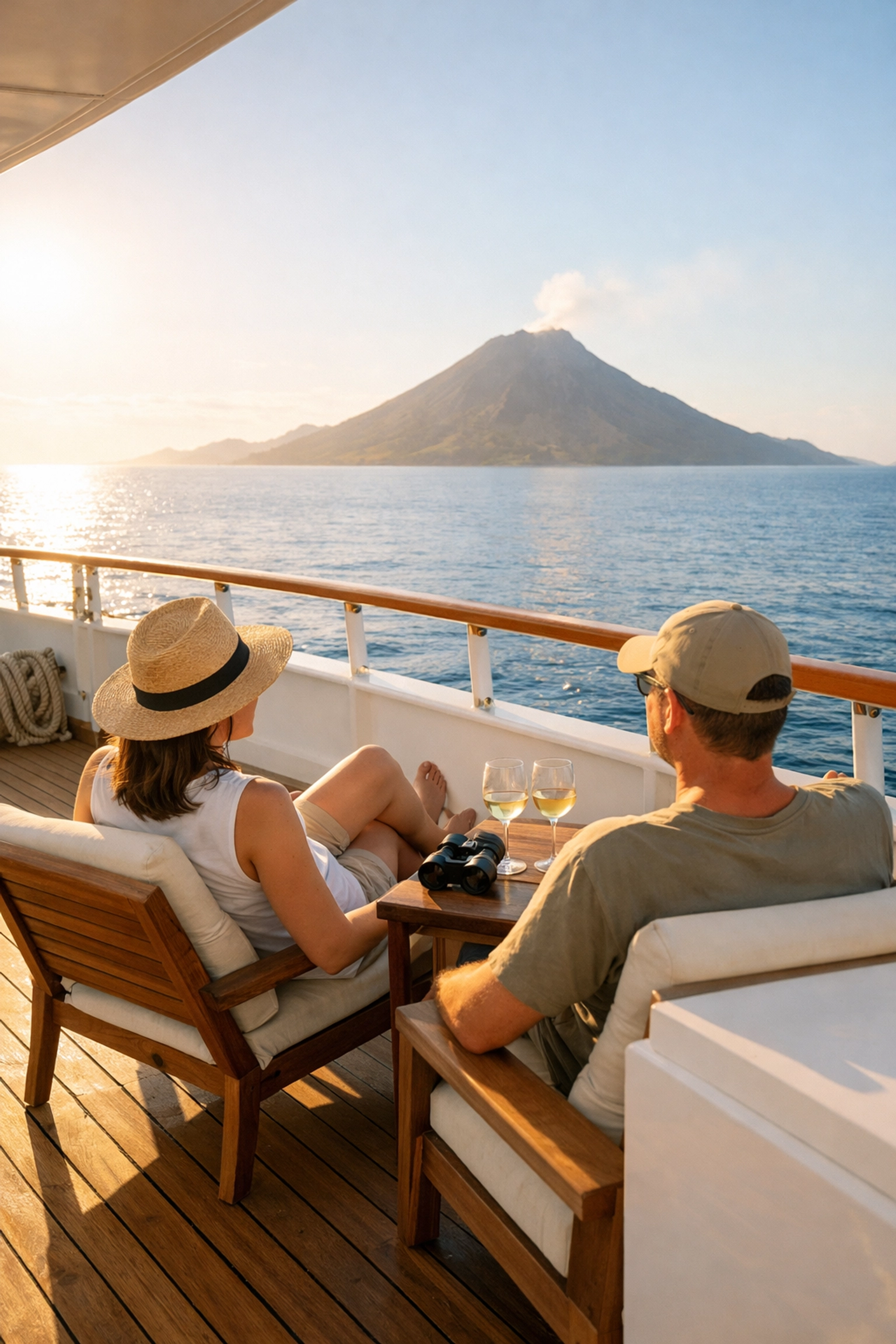 Guests on a luxury ship deck viewing volcanic islands during an 11-night Indonesia expedition.