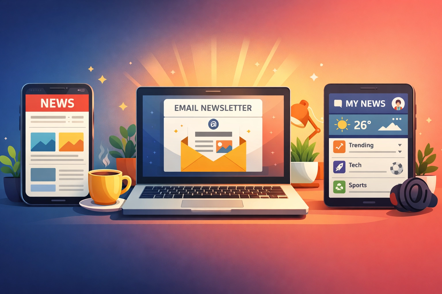 Smartphone, laptop, and tablet displaying news apps and email newsletters for quick daily updates