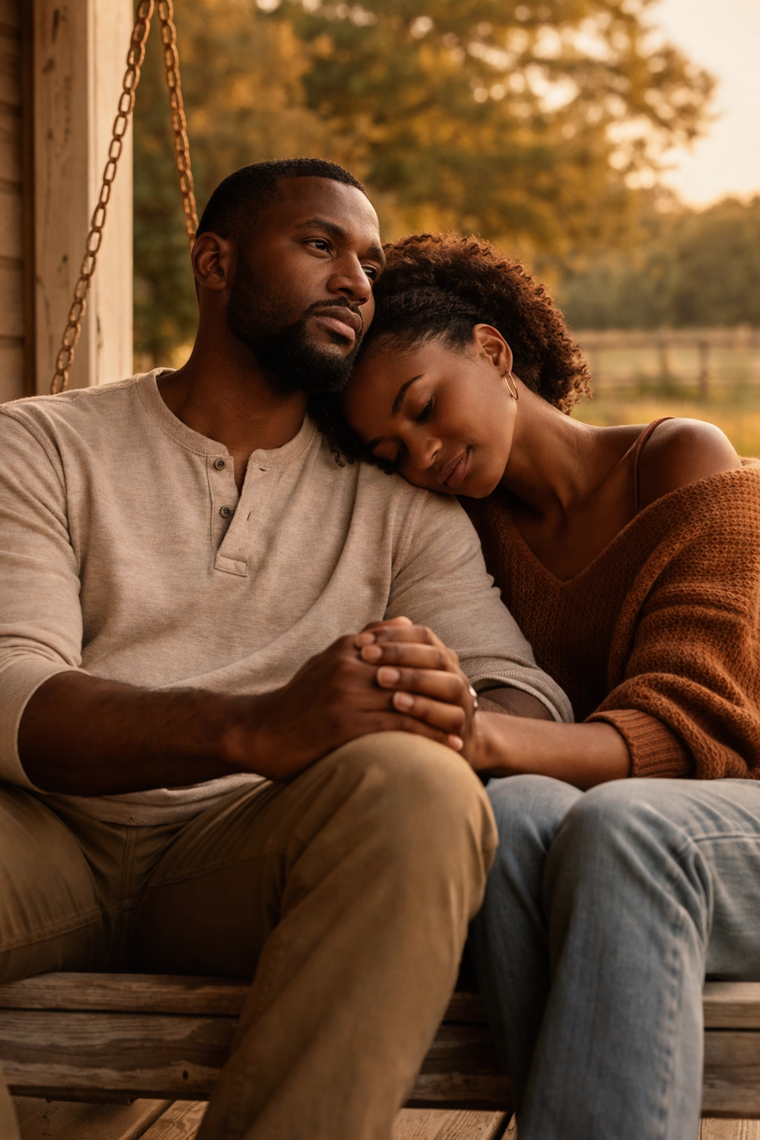 Black couple reflecting on a porch swing, illustrating deep connection and relationship history in a rural Southern setting