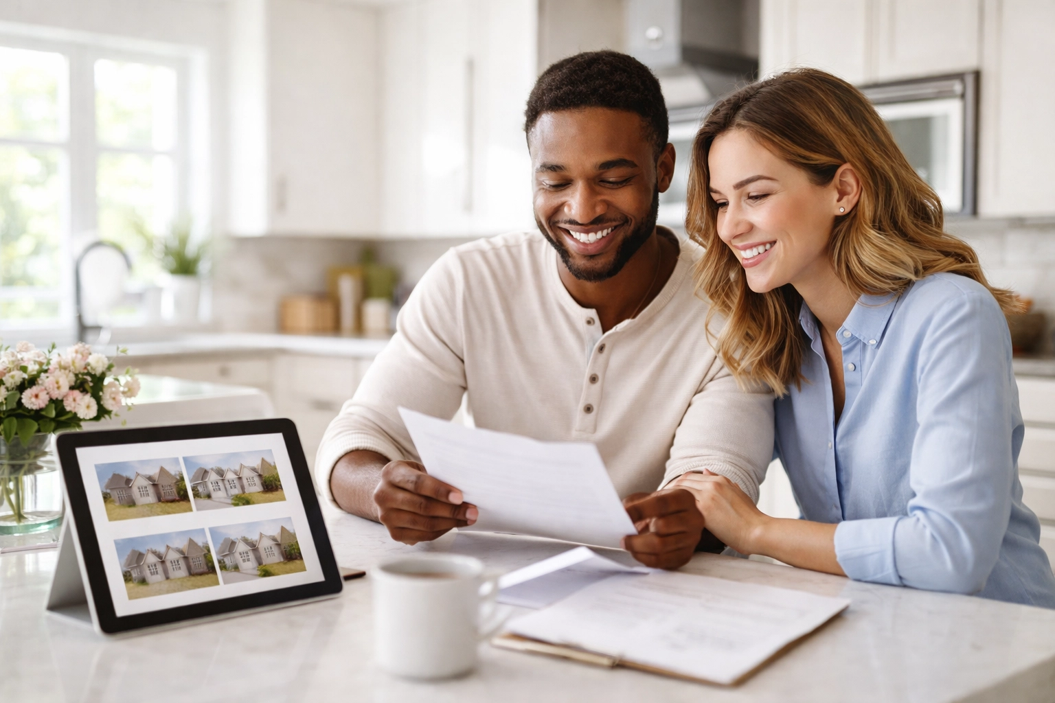 Diverse South Jersey couple happily reviewing home sale paperwork and listings in a modern kitchen, illustrating confidence in AI-powered real estate guidance Diverse South Jersey couple happily reviewing home sale paperwork and listings in a modern kitchen, illustrating confidence in AI-powered real estate guidance