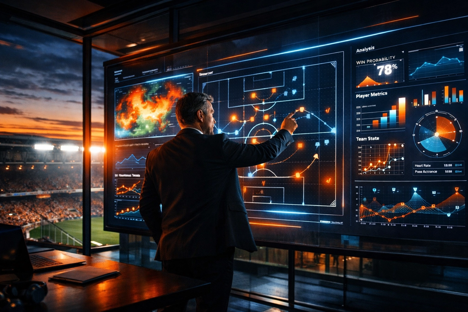Sports strategist analyzing digital performance data and competitive gaps in a high-tech office.