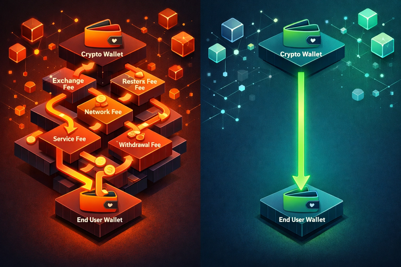 Comparison of complex traditional crypto payment processing versus direct wallet-to-wallet transfers
