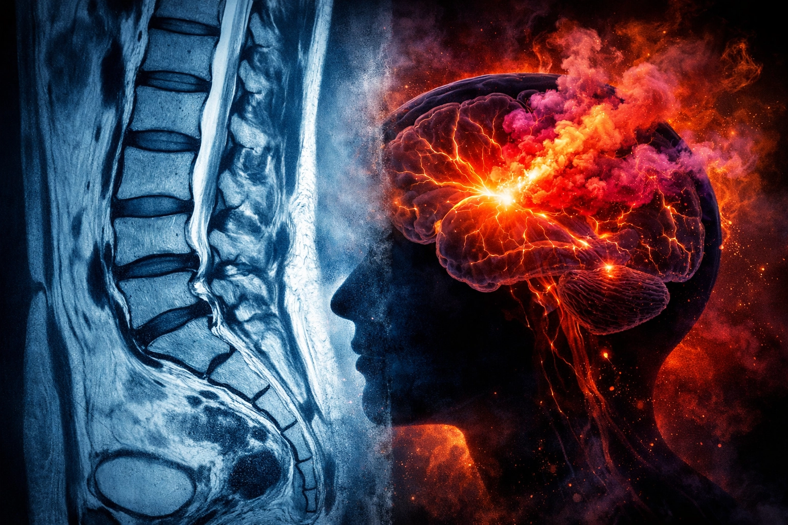 Comparison between a physical spine MRI and the brain's neural circuit pain matrix.