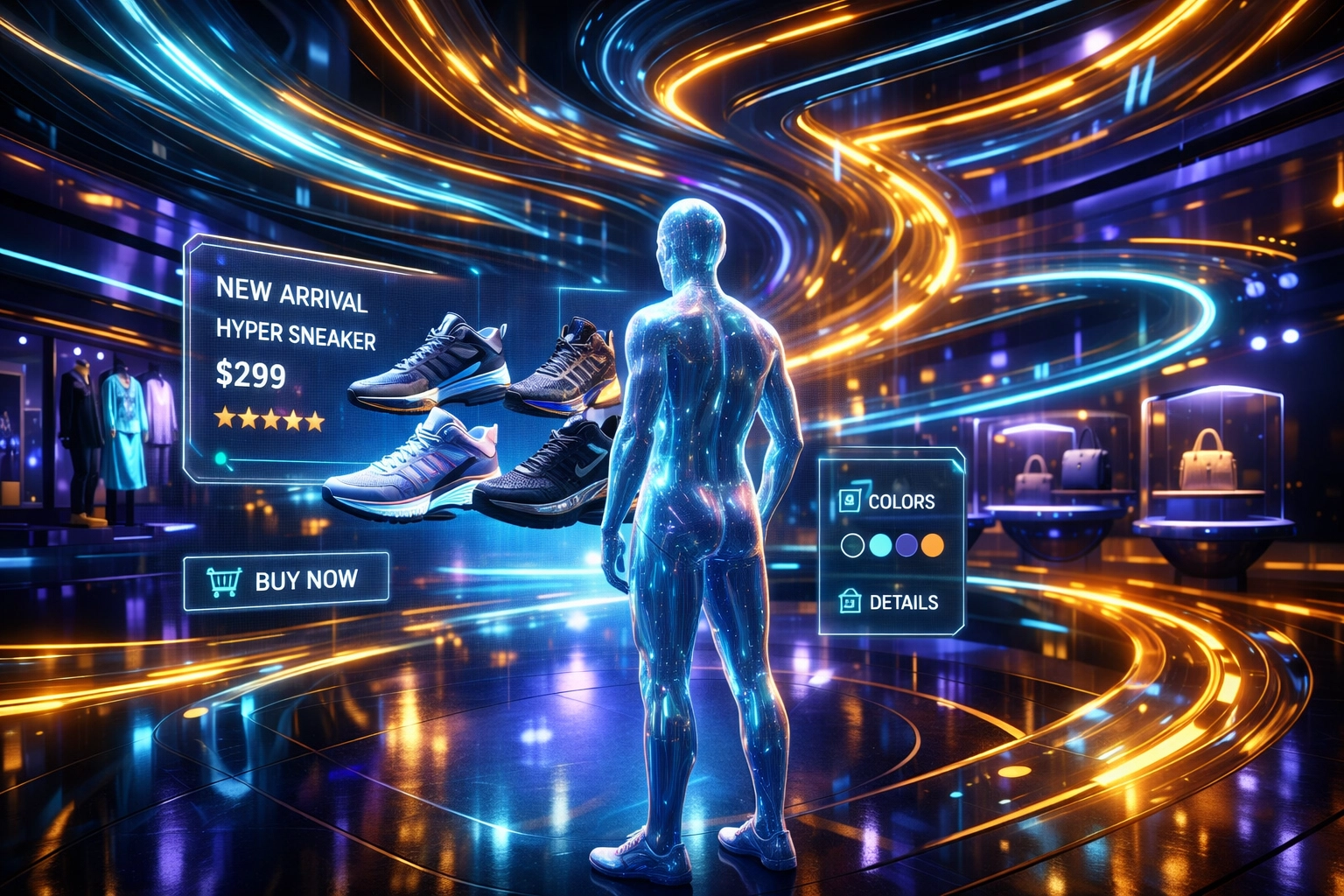 Avatar exploring an AI-driven virtual boutique in the metaverse with reactive product displays.