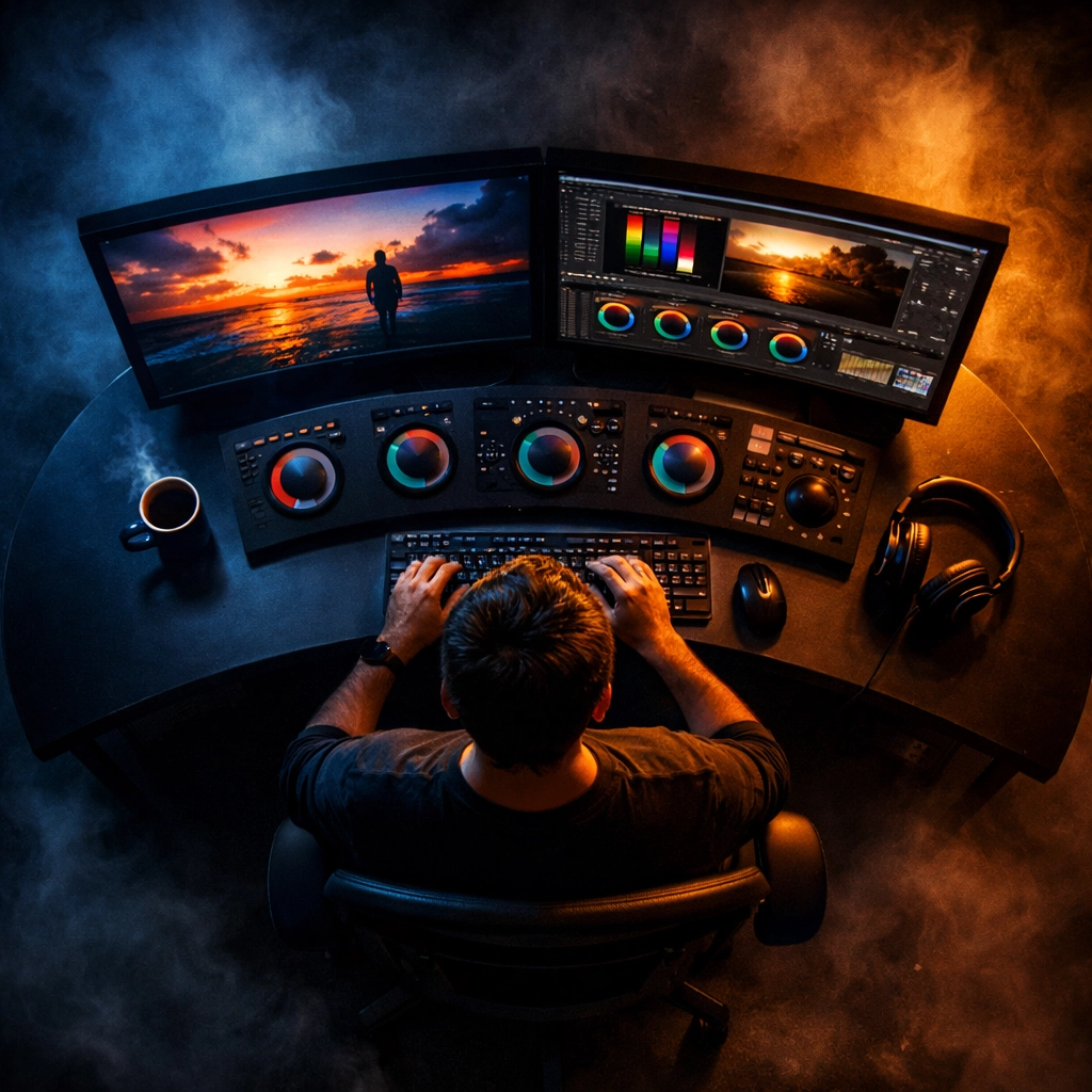 Professional video editor color grading footage in boutique post-production suite