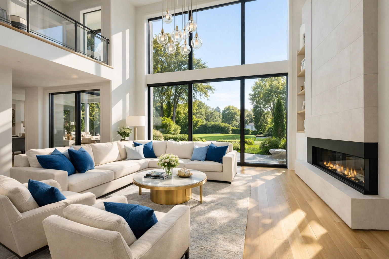 Sunlit luxury living room with dust-free floors after professional post-construction cleaning in Newton MA.