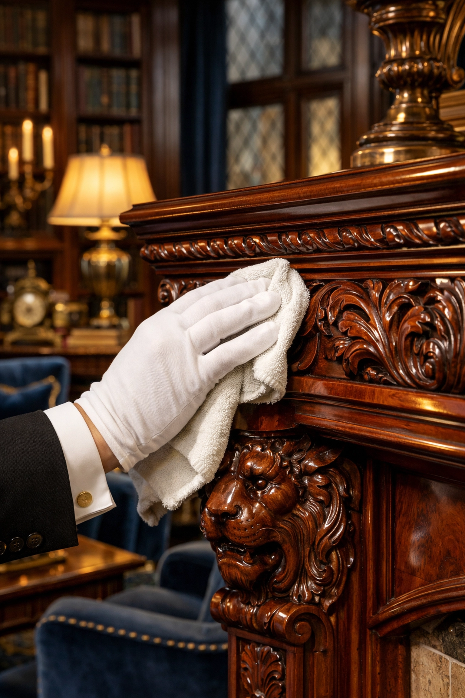 Professional cleaner polishing a mahogany mantel in a West Newton Tudor home with specialized care.