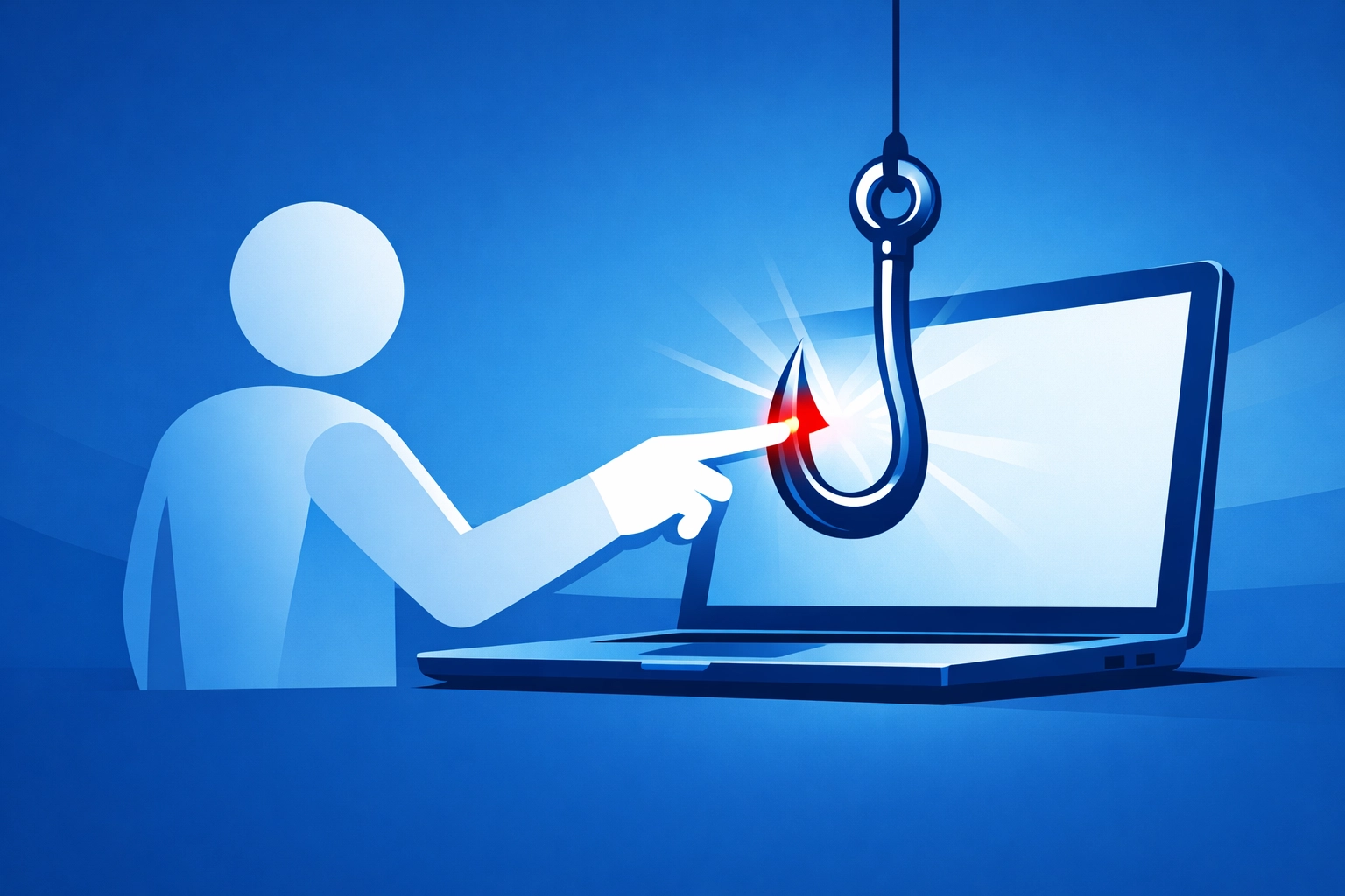 Employee falling for phishing attack clicking malicious link on laptop screen
