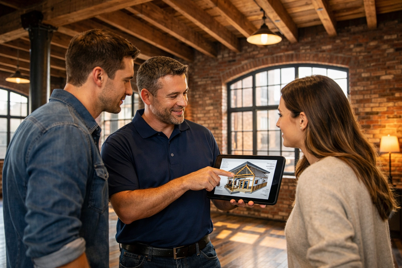 Manchester NH home inspector explaining structural details to a couple in a mill-style loft.
