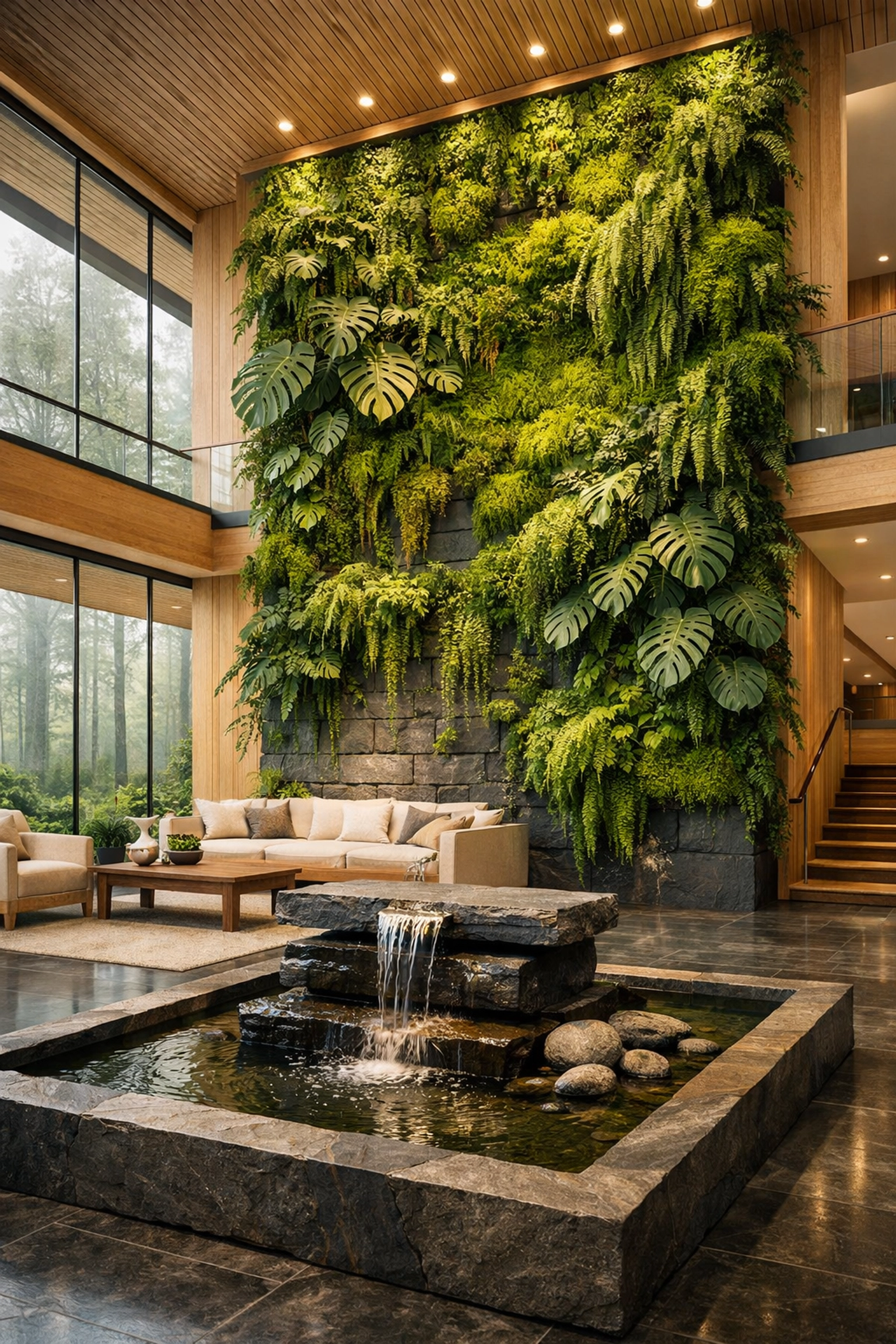 Luxury building lobby with a vertical living wall and natural stone features based on wellness design standards.