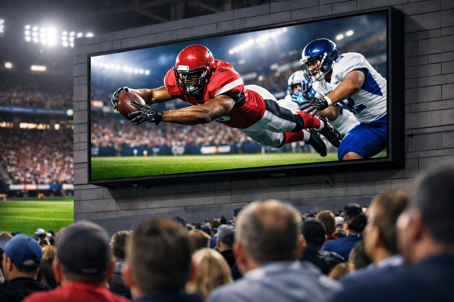 Dynamic digital stadium signage displaying real-time sports advertisements using programmatic DOOH.