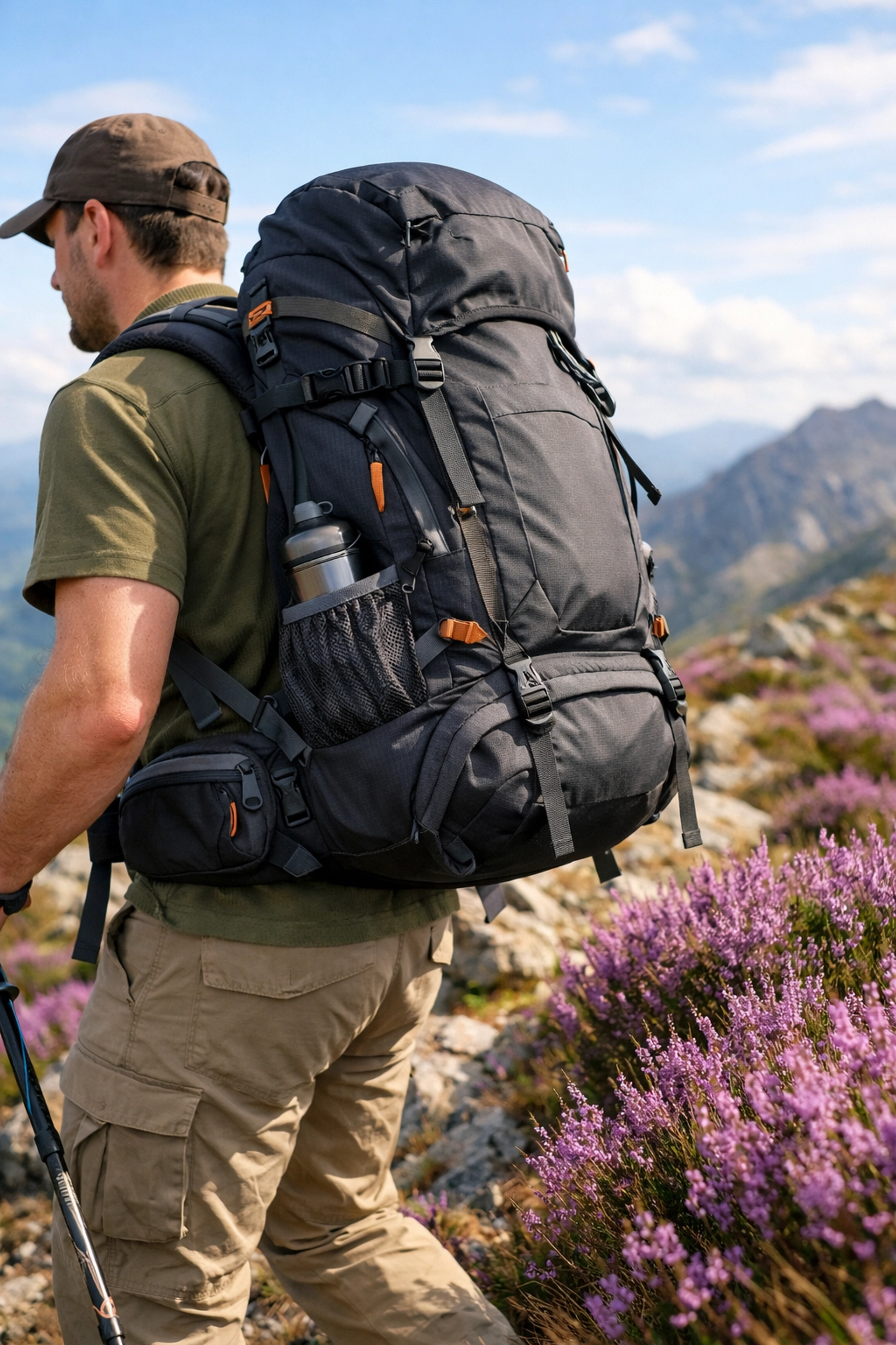 Hiker wearing a sturdy ergonomic backpack while trekking through purple heather on a UK hiking trail.