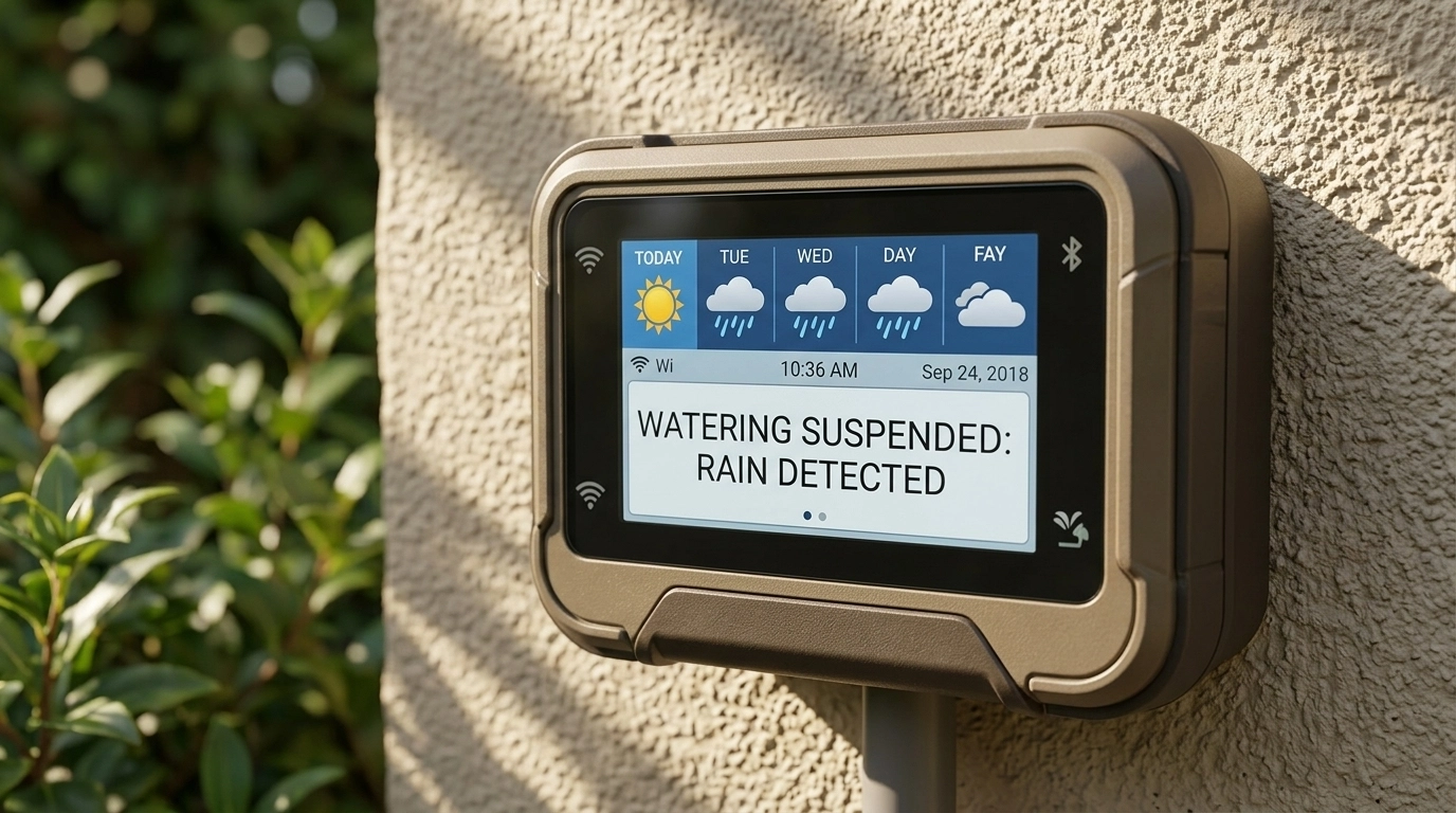 A modern smart irrigation controller showing a weather-based watering schedule