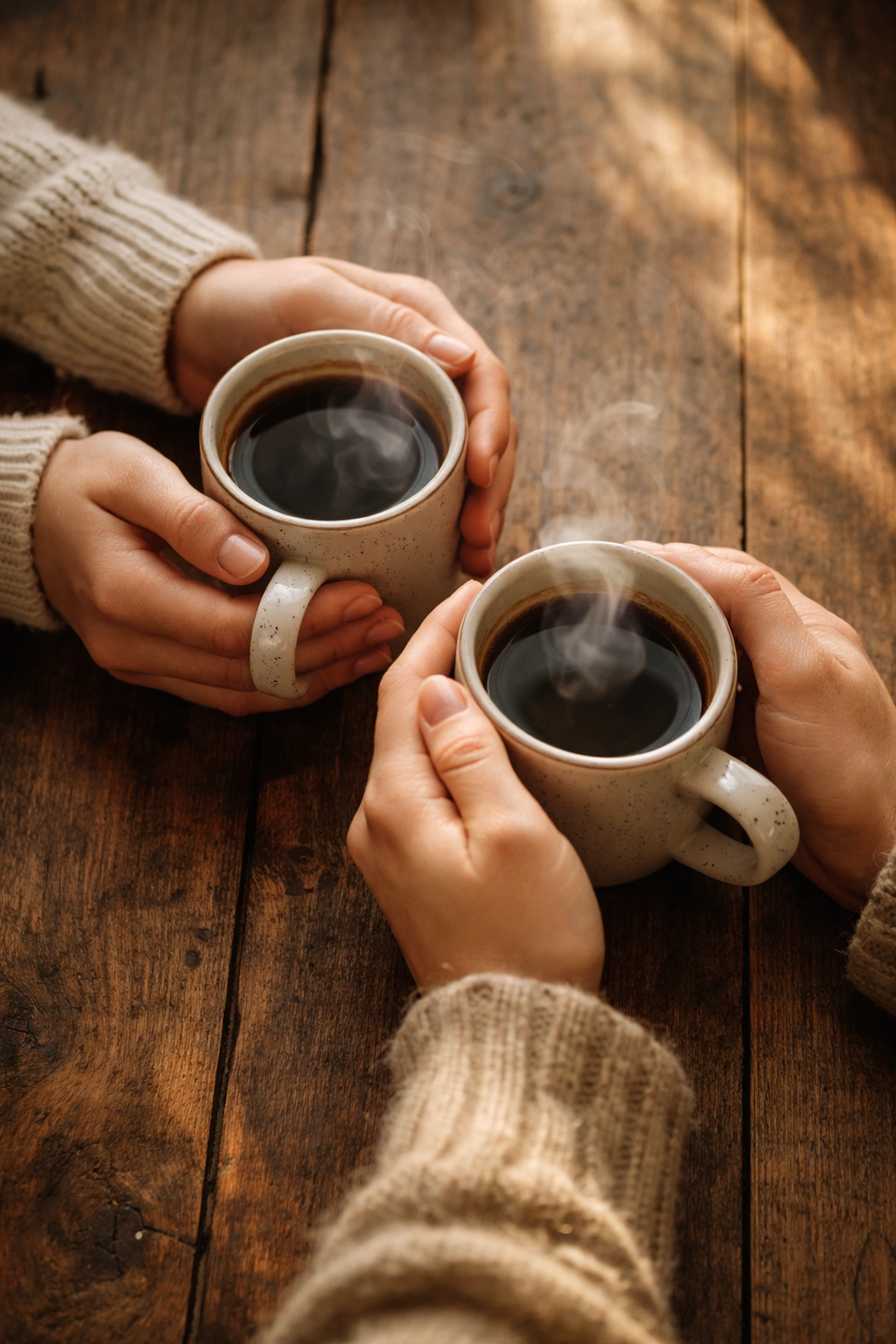 Két kávéscsésze egymás mellett, kezek majdnem összeérnek – minőségi idő a párkapcsolatban