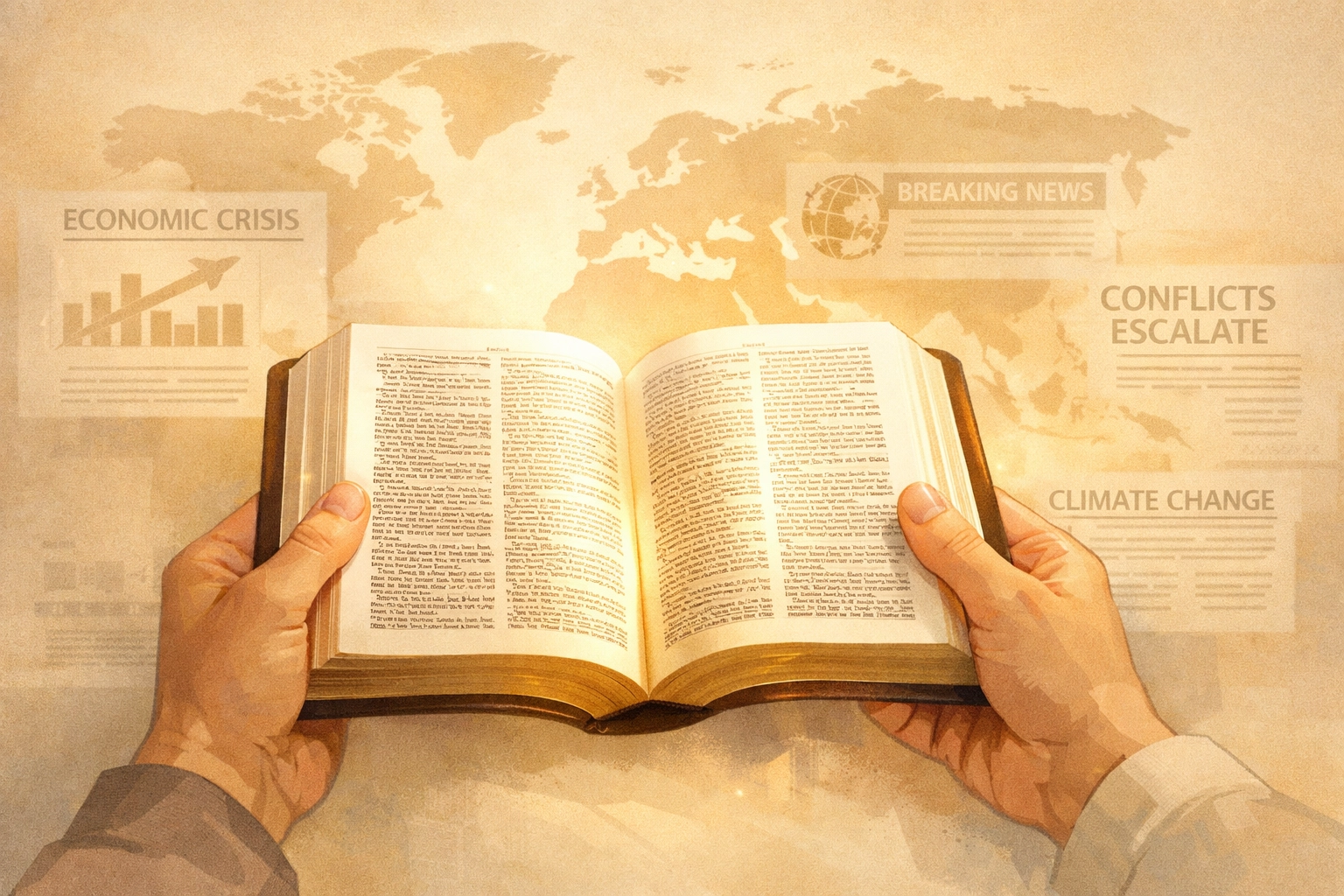 Hands holding open Bible with news headlines overlay showing biblical lens for current events