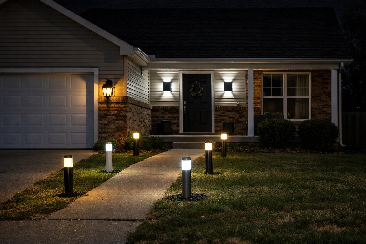 Mismatched outdoor lighting fixtures on Lexington home showing inconsistent styles