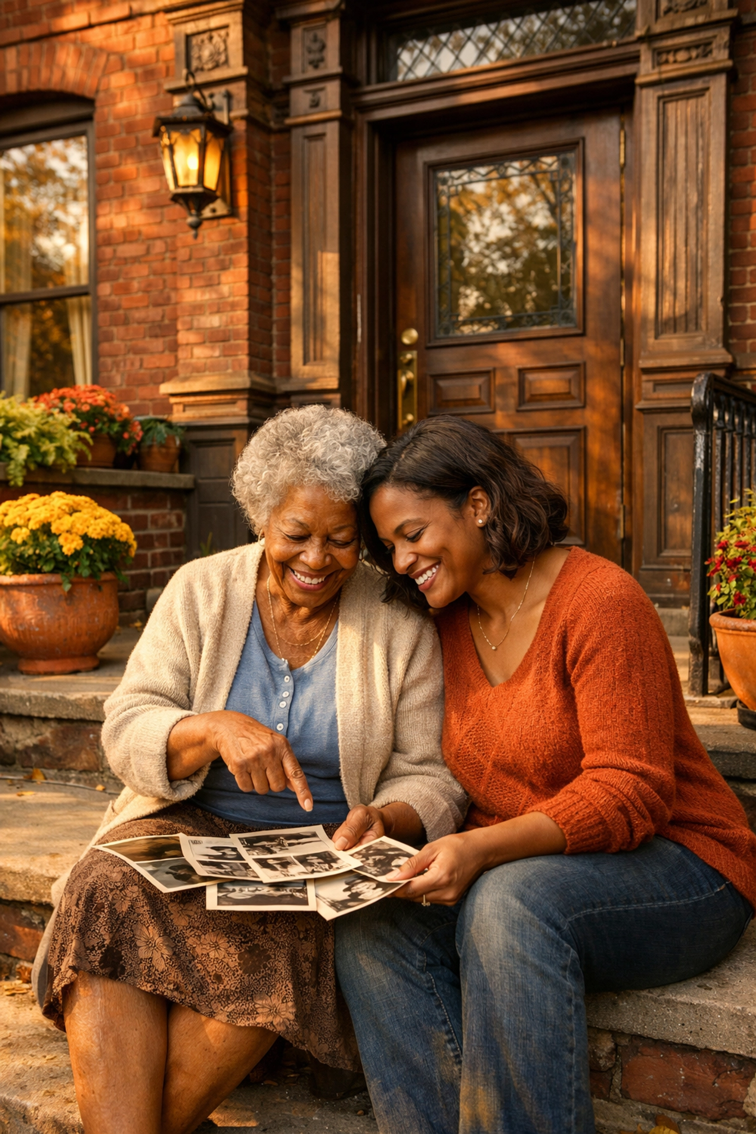 Grandmother and daughter sharing family photos on historic home porch representing generational property ownership