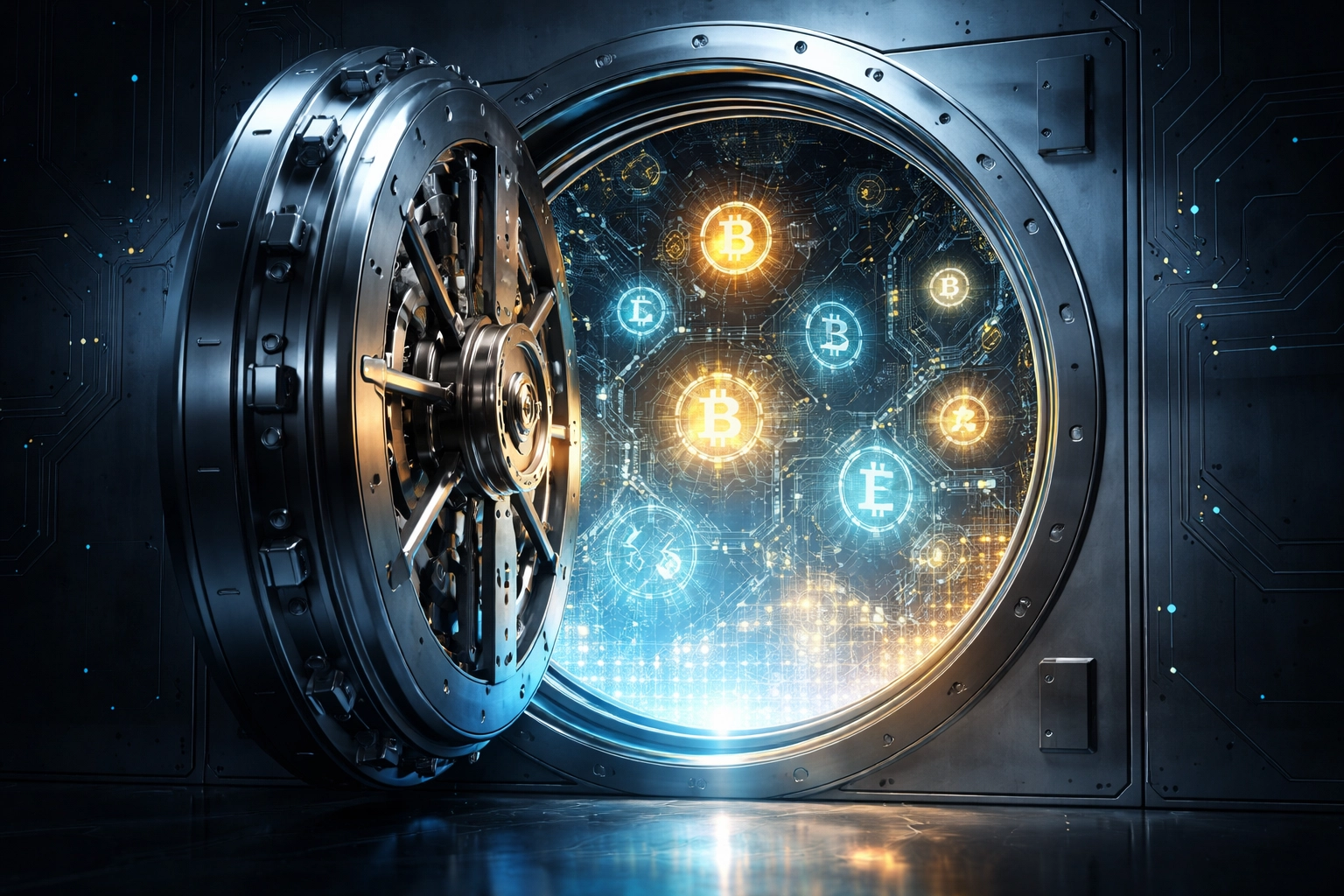 A secure vault glowing with Bitcoin and Ethereum symbols emphasizes institutional-grade crypto security and blockchain innovation.