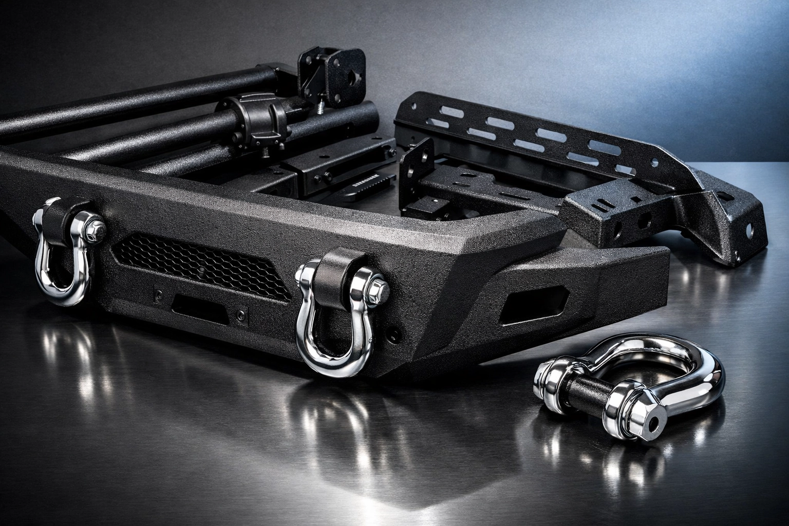 Powder coated truck bumper, tow hooks, and roof rack accessories with protective finish