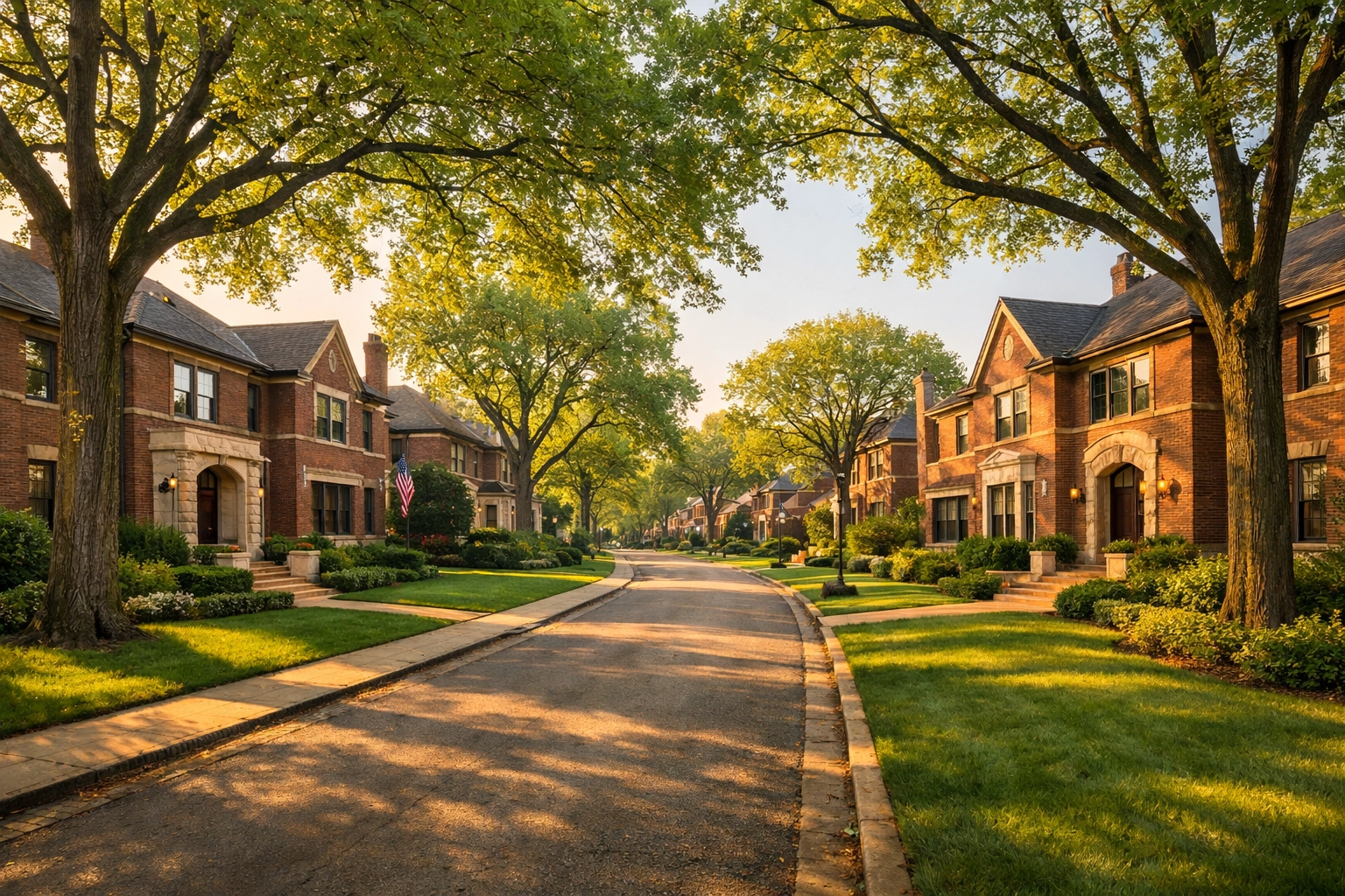 Stately brick homes on a tree-lined North Shore street, ideal for buying a home in Chicago suburbs.