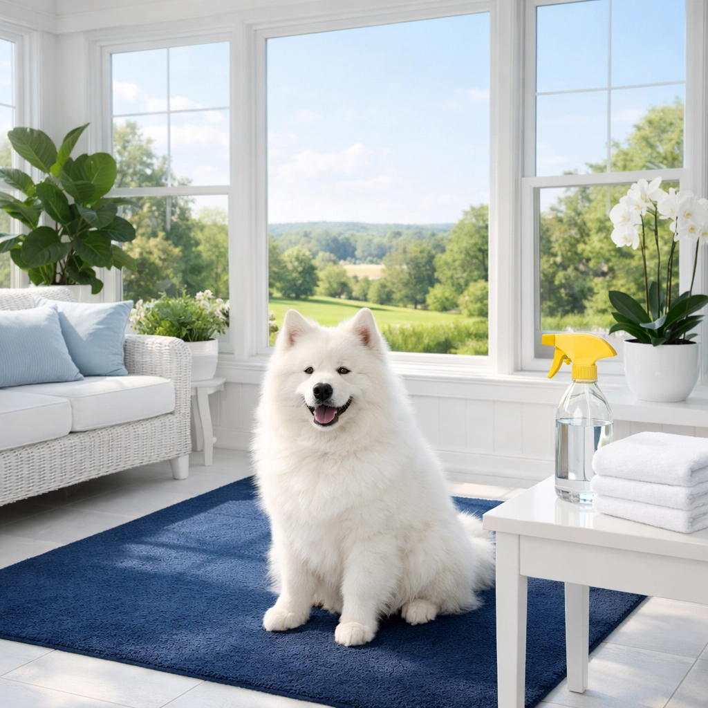 Eco-friendly residential cleaning Massachusetts in a bright sunroom safe for family pets.