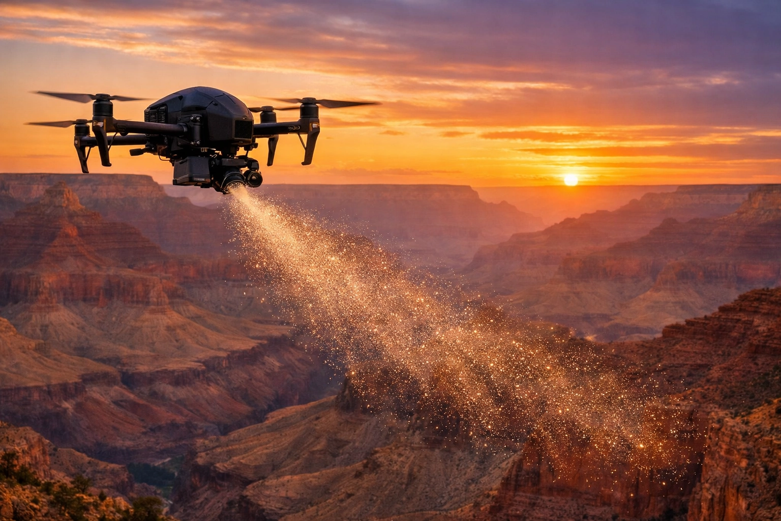 Dignified drone ash scattering at the Grand Canyon during a peaceful sunset memorial ceremony.