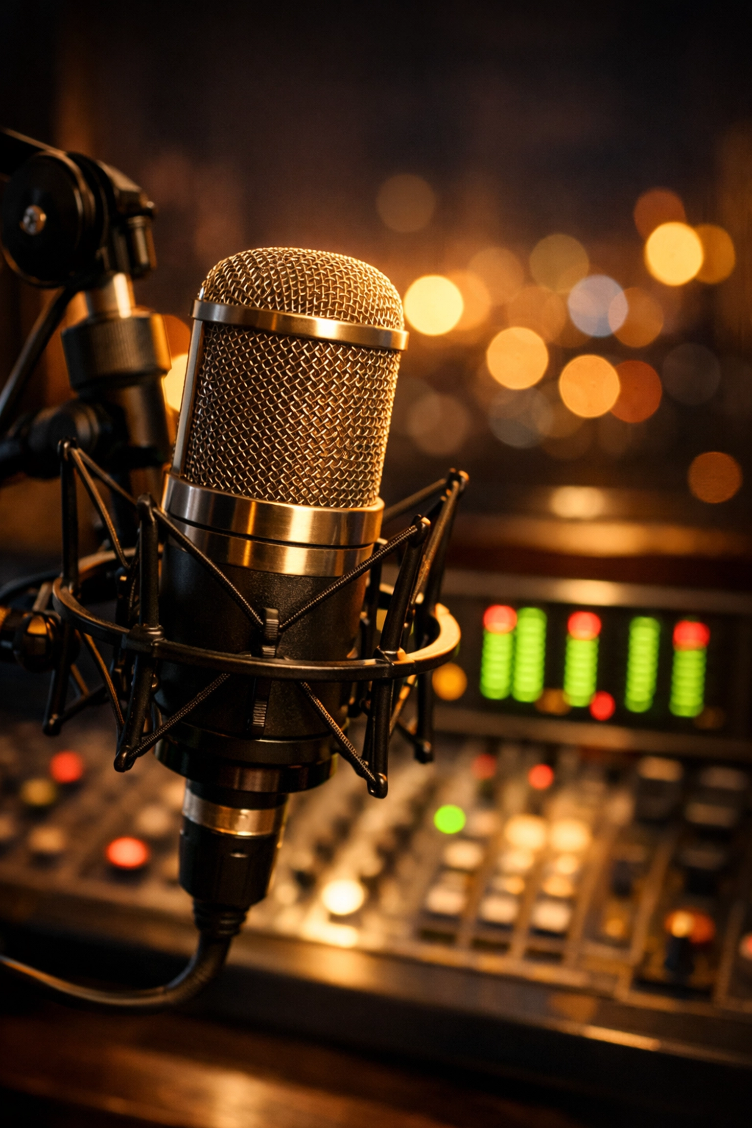 Close-up of a professional radio microphone in a studio representing global music airplay.