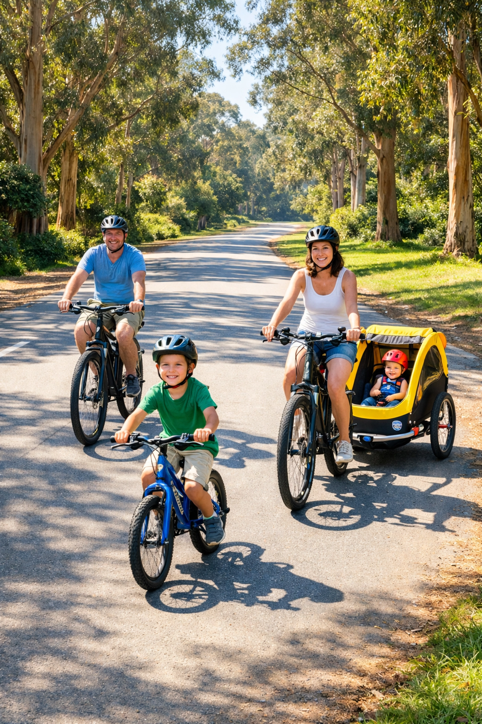 Family biking on car-free path in golden gate park san francisco with kids