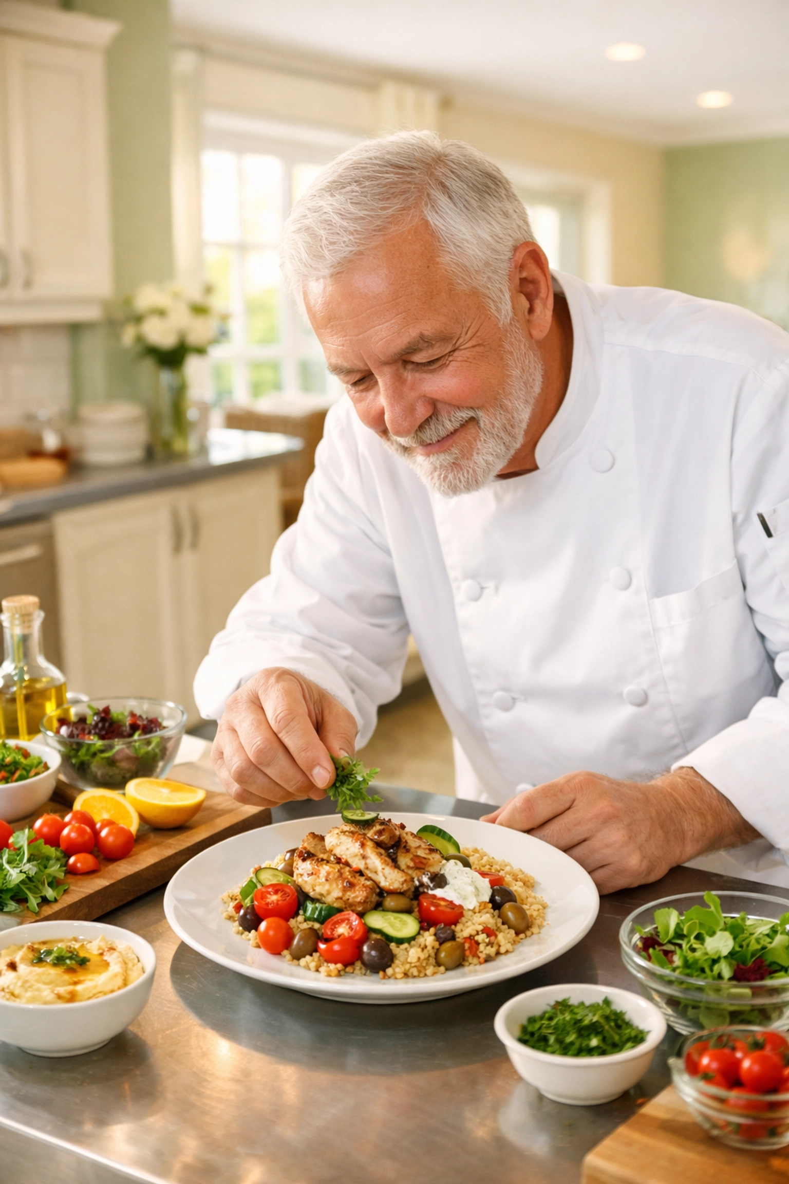 Chef preparing fresh Mediterranean meal in assisted living Sarasota kitchen
