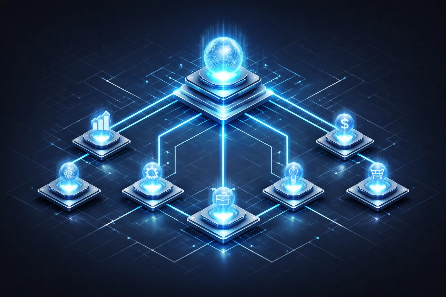 Corporate chart as a glowing AI circuit board, highlighting the need for clear AI strategy leadership and governance.