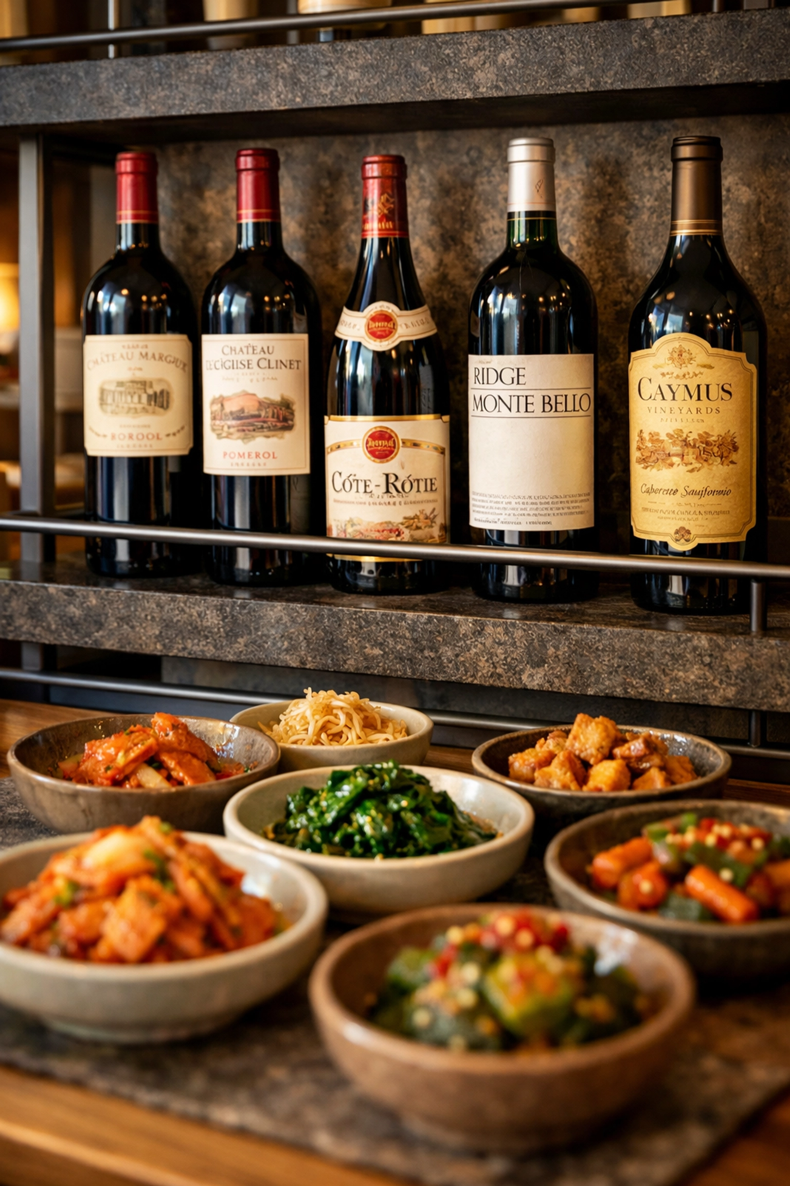 Wine selection paired with Korean banchan dishes at Monami's wine program