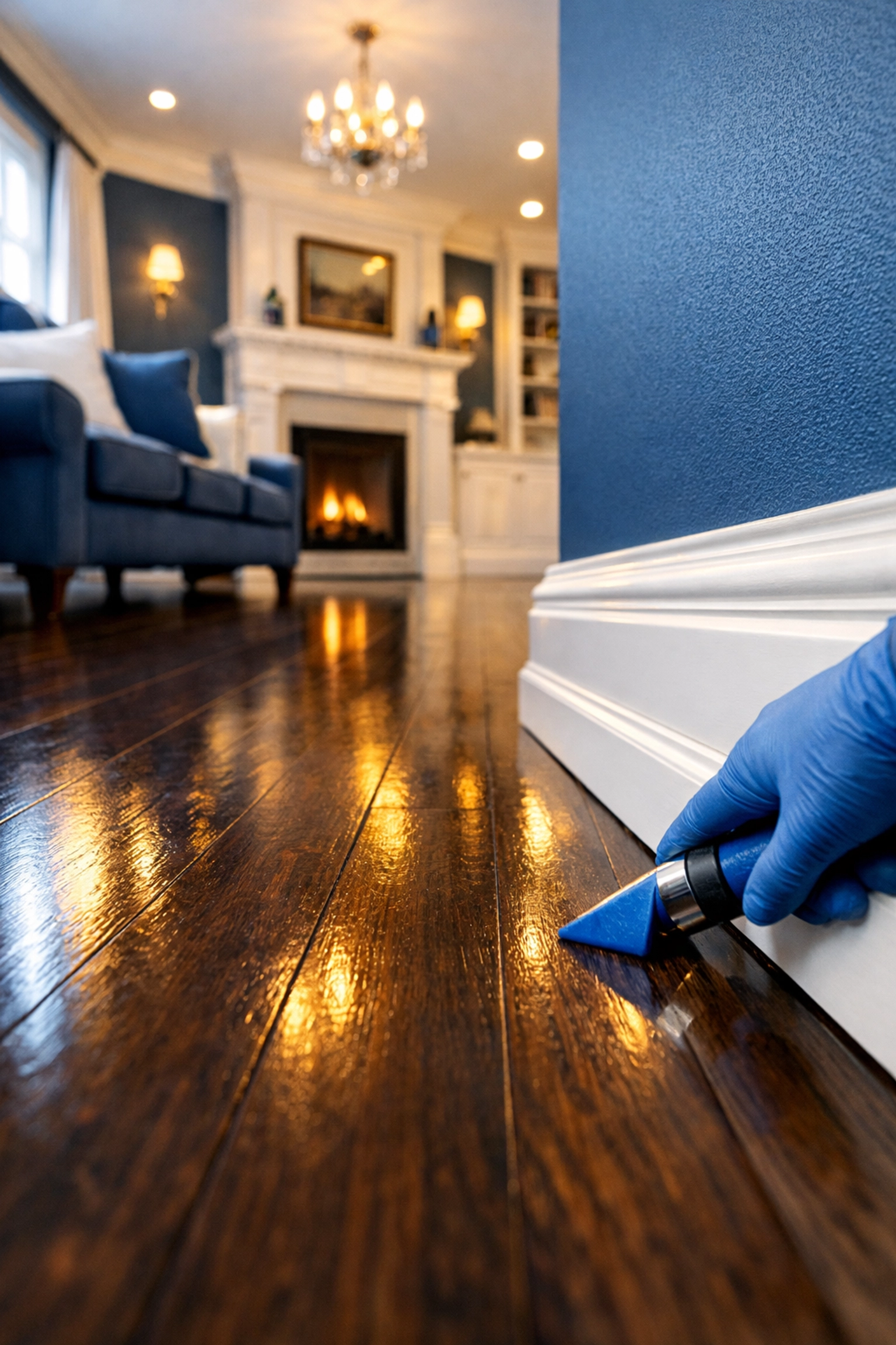 Detailed view of clean baseboards and hardwood floors from professional deep cleaning services.