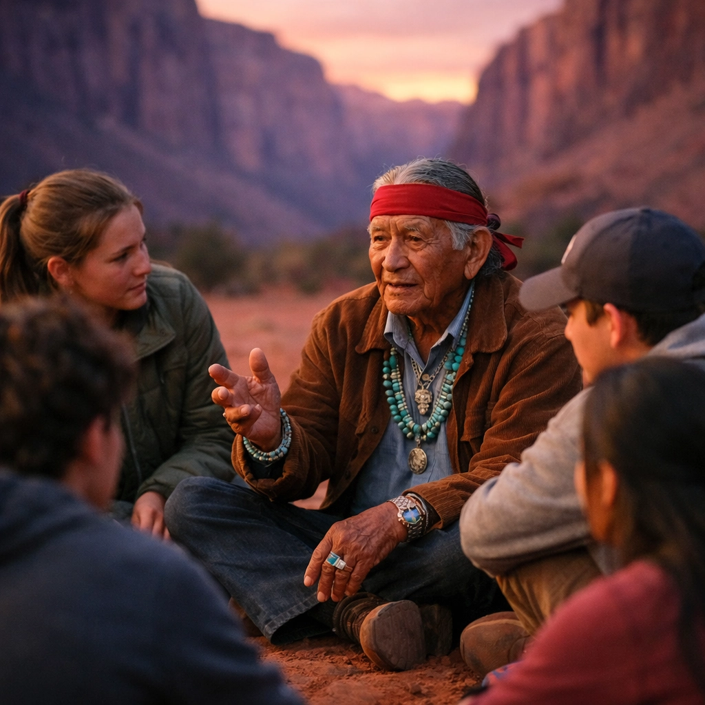 Students learning from a Navajo elder during a cultural exchange circle in the Grand Canyon area.