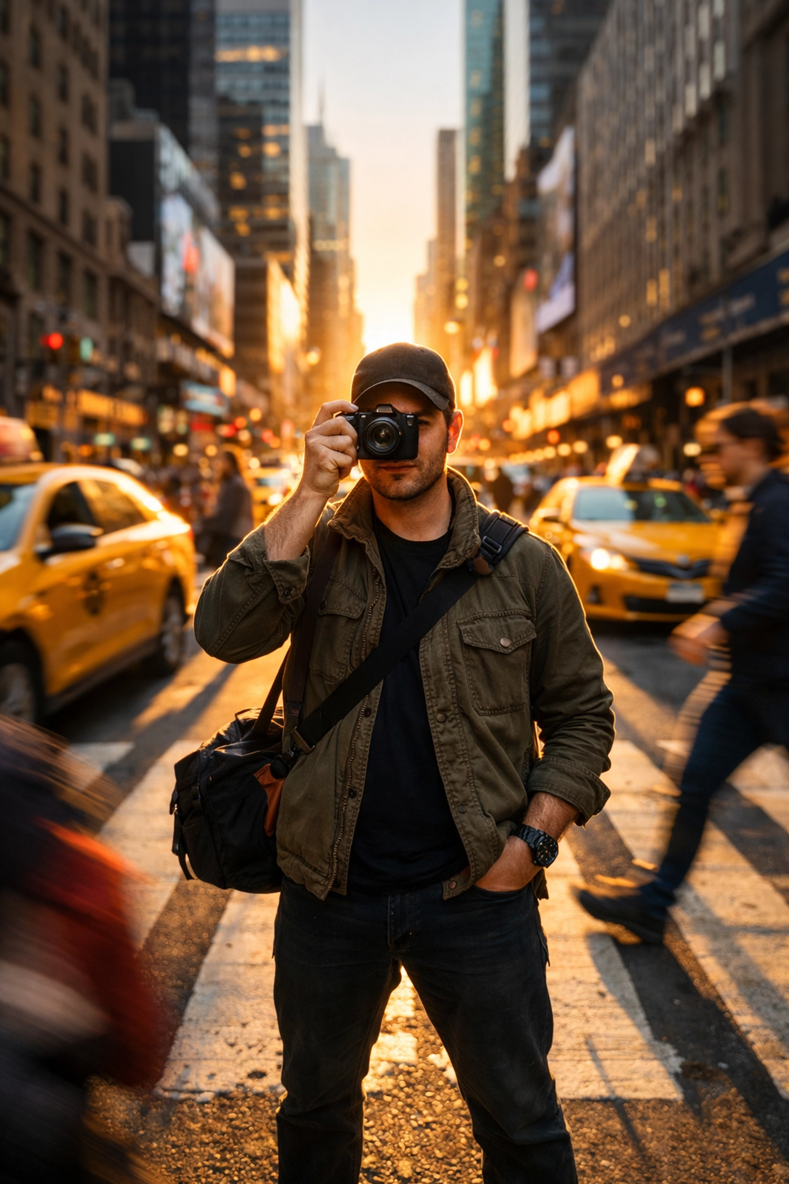 Street photographer capturing a moment in a busy city crosswalk with a mirrorless camera at sunset.