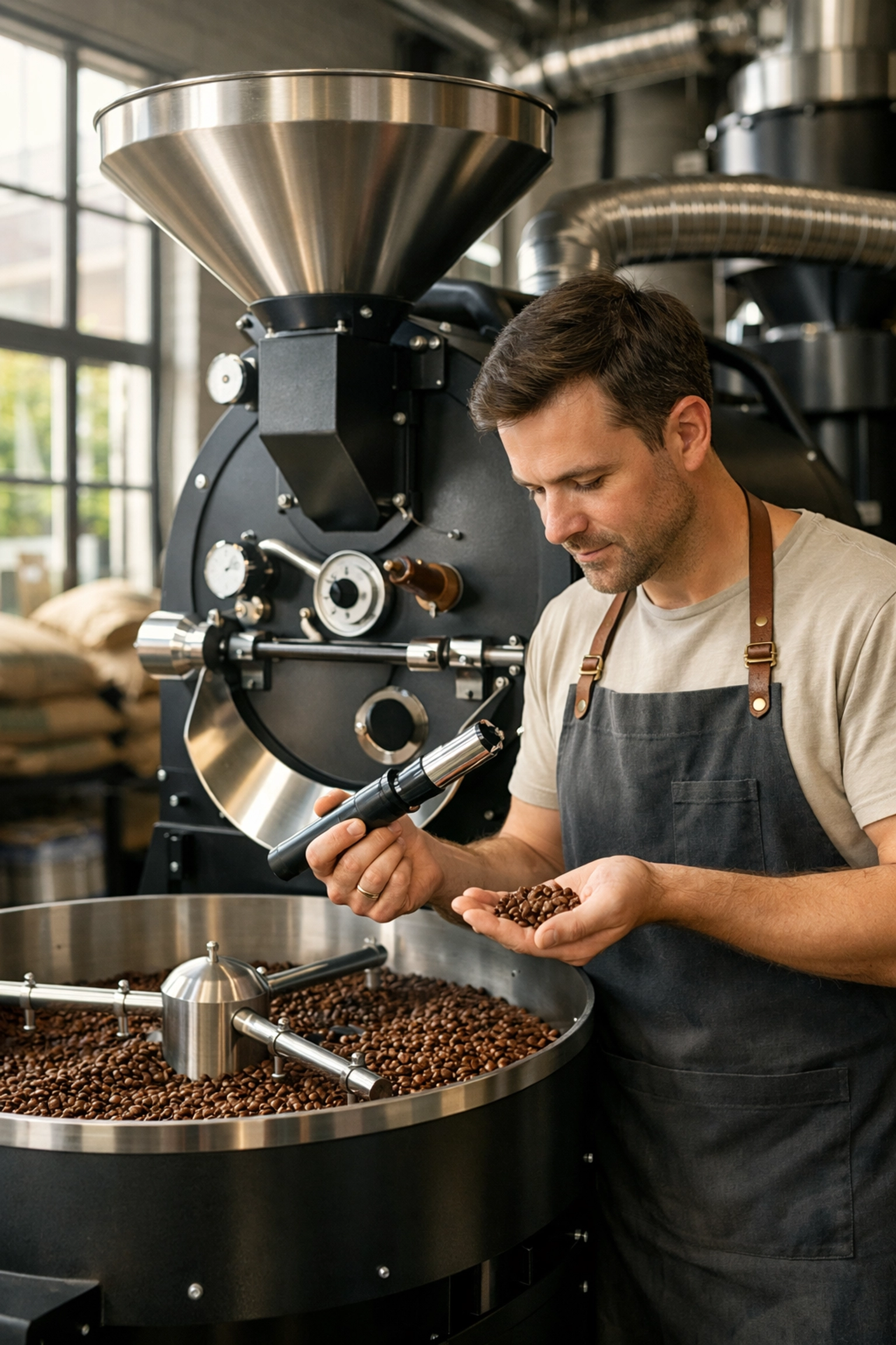 Professional roaster examining beans at a high-volume facility for wholesale specialty coffee suppliers.