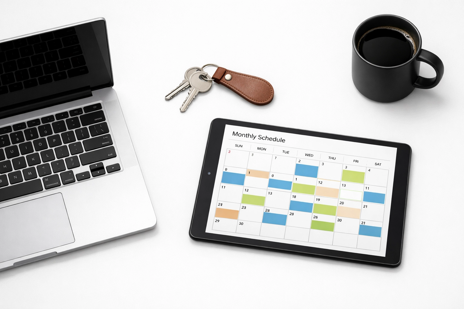Property manager desk with apartment keys and a digital scheduling calendar for Midwest turnover management.