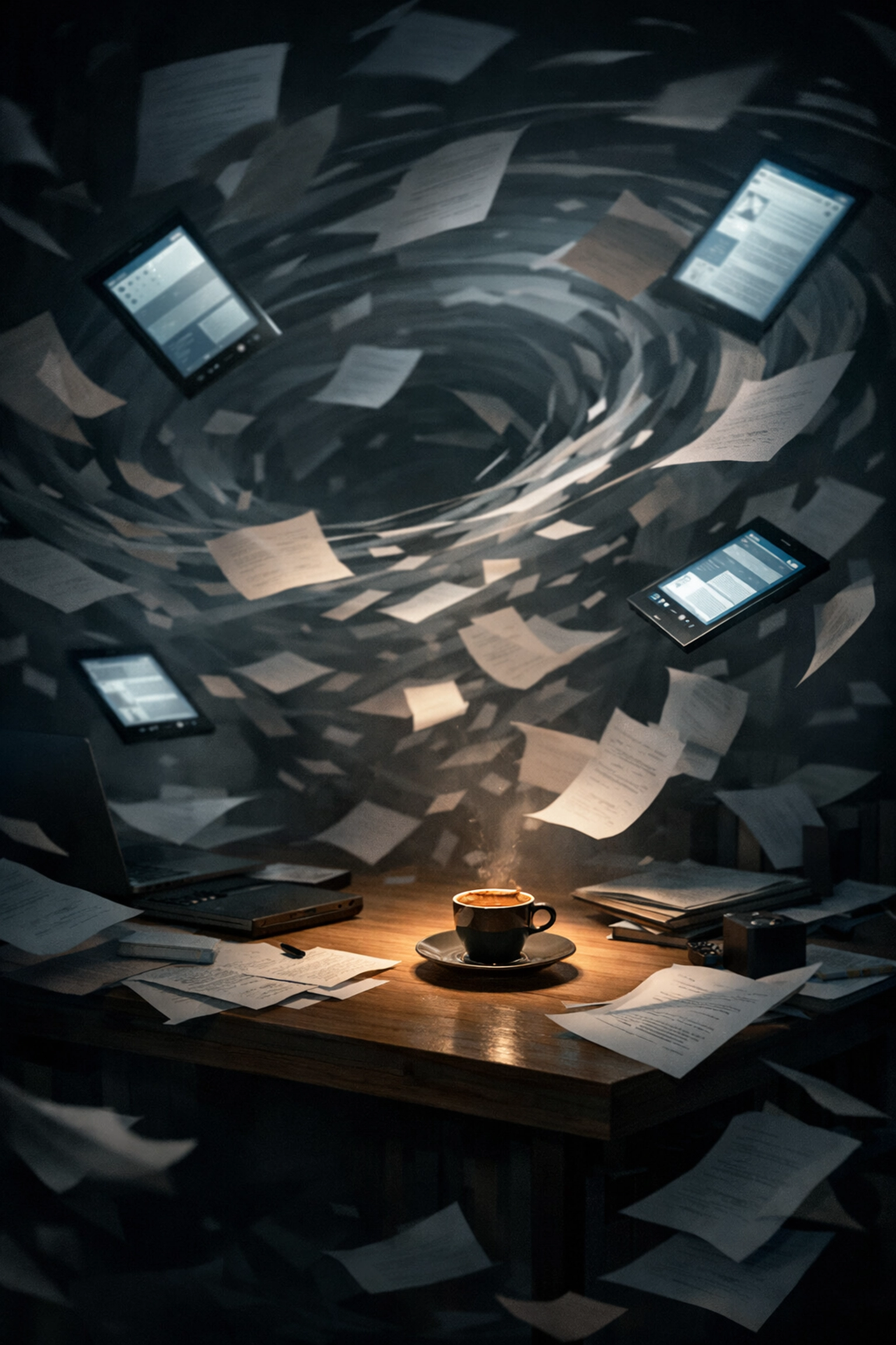 A chaotic workspace with papers, representing the struggle to scale blog content without automation.