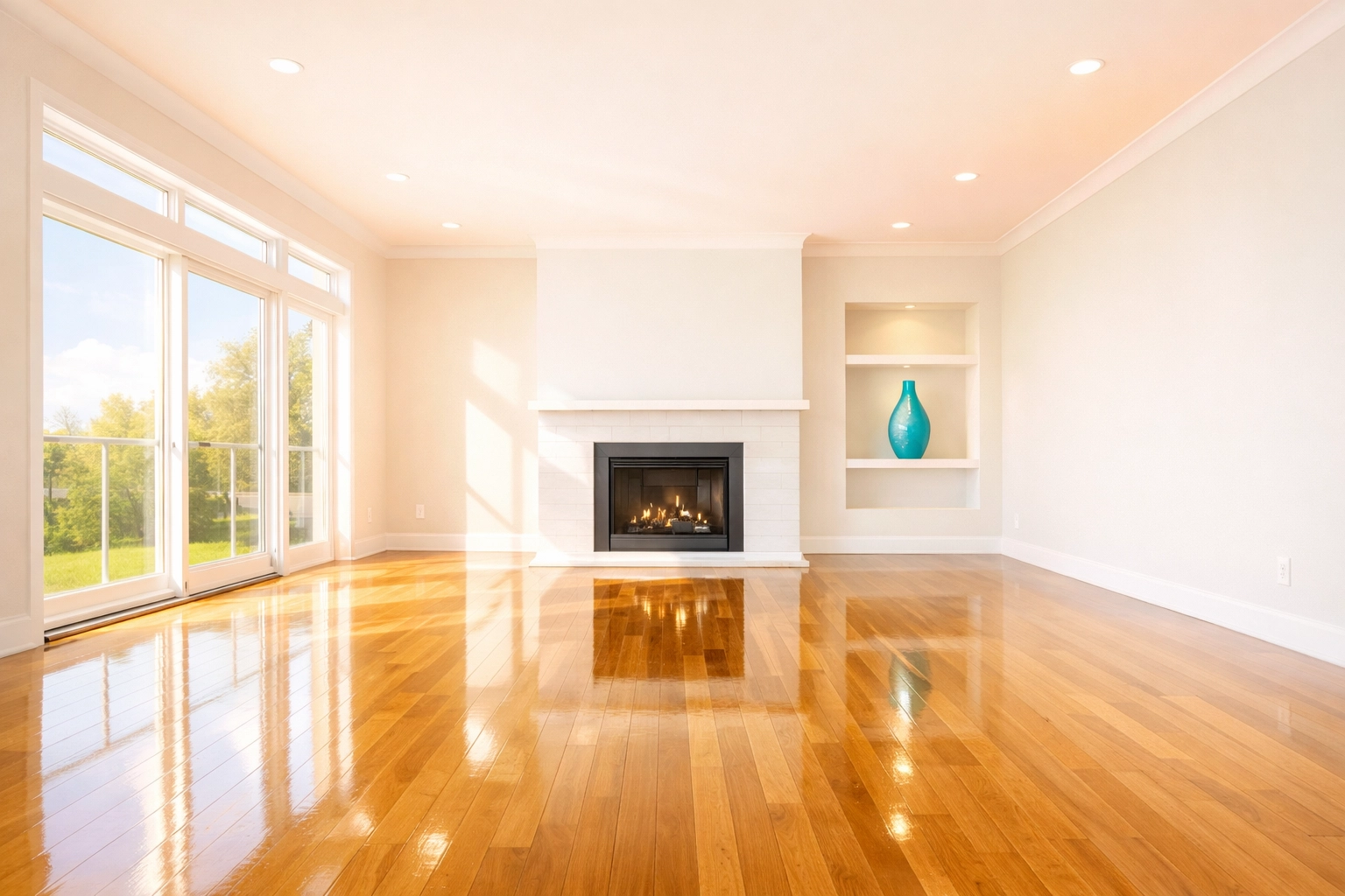 Spotless Cedar Falls living room with polished floors demonstrating the high standard of Shine Co move-in cleaning.