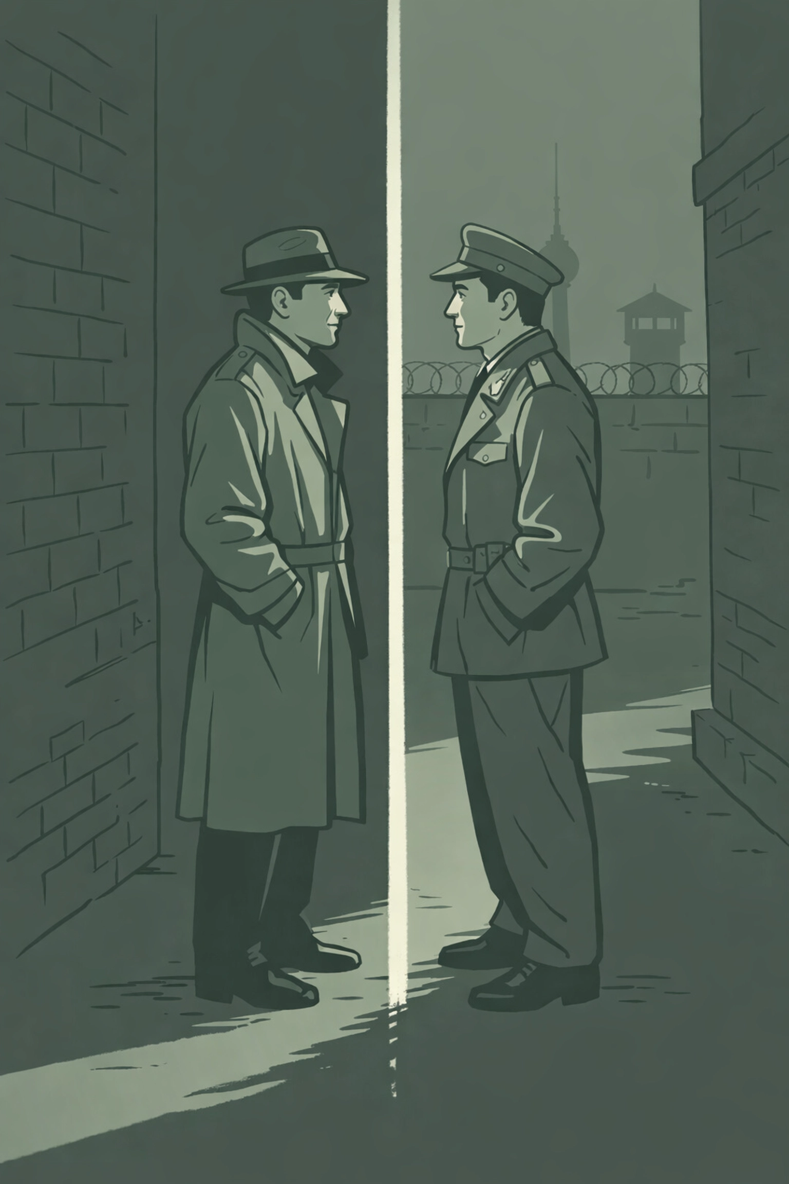 Historical MM couple in Cold War Berlin showing emotional tension and longing during first encounter