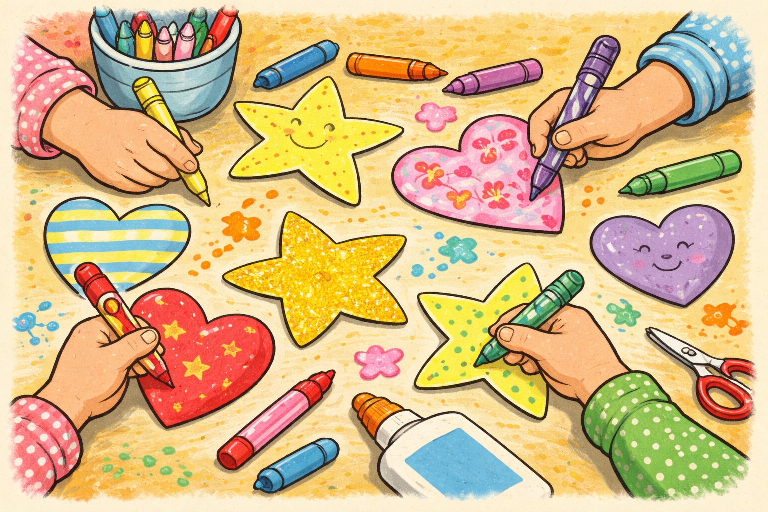Children's hands decorate star and heart paper cutouts with crayons and markers, preparing shapes for a DIY balancing mobile.