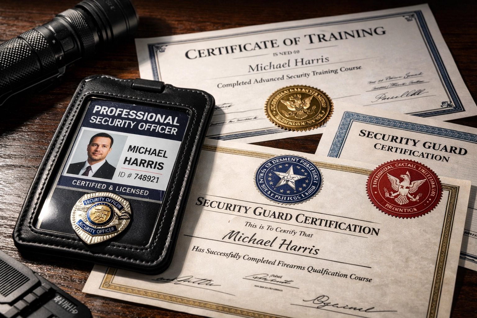 Professional security credentials and certification documents for Medellin bodyguard services