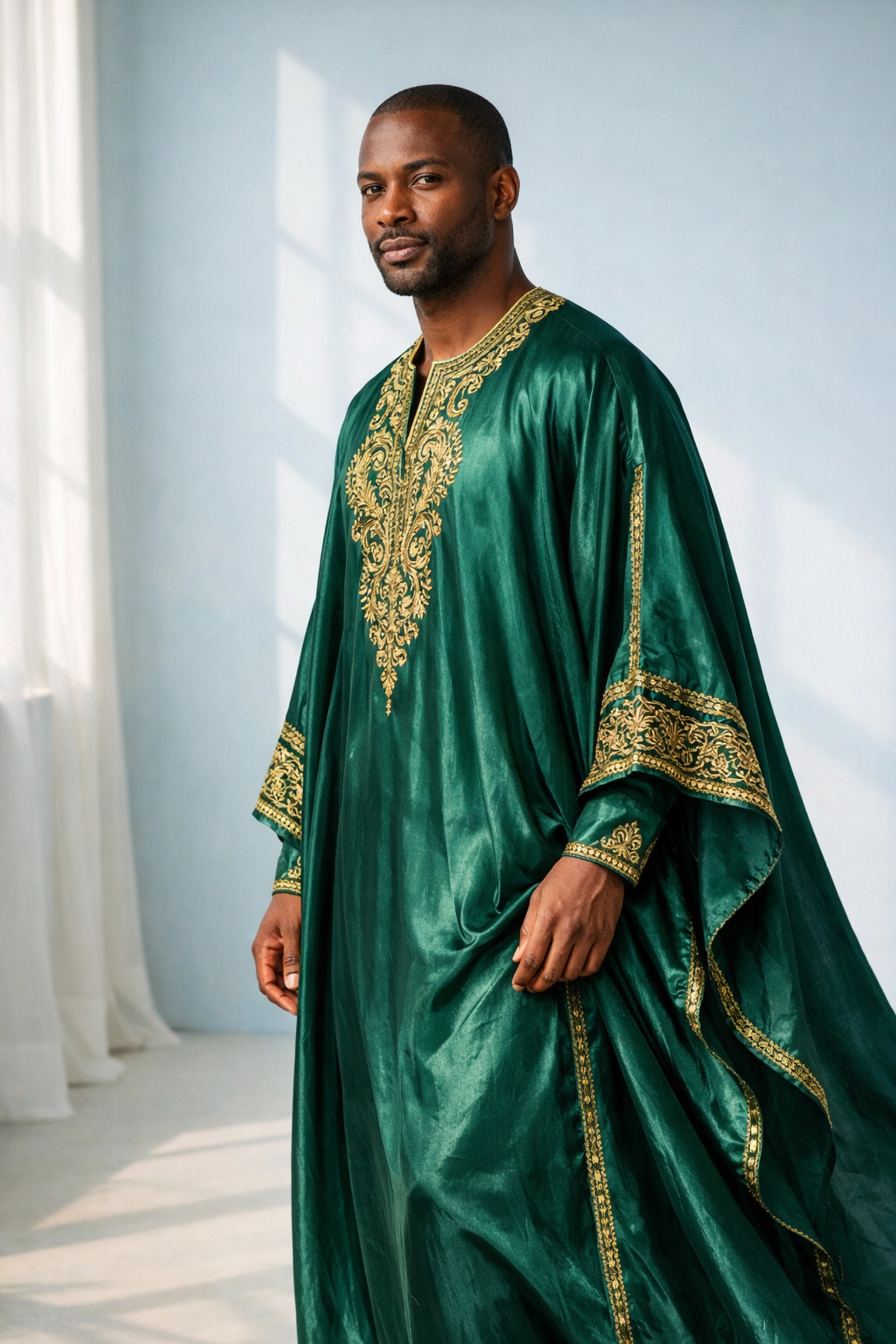 Elegant man wearing embroidered silk kaftan showcasing luxurious fabric and perfect fit